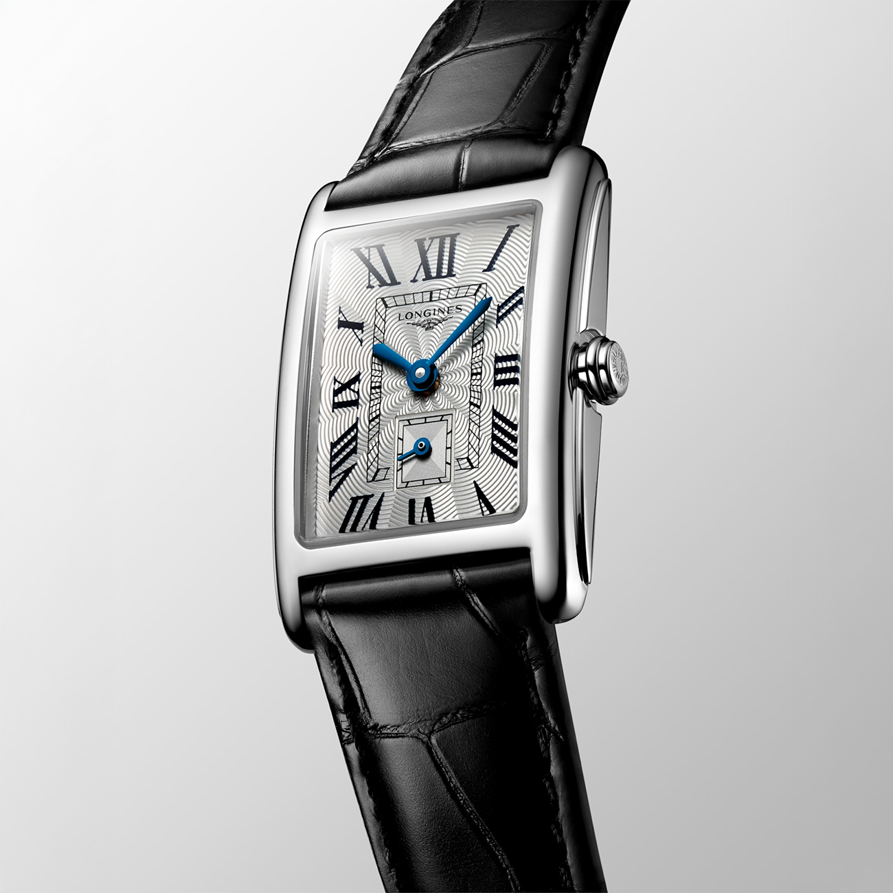 Longines DolceVita L5.255.4.71.0 Quartz Watch Longines DolceVita L5.255.4.71.0 rectangular stainless steel watch with silver flinqué dial and black alligator strap