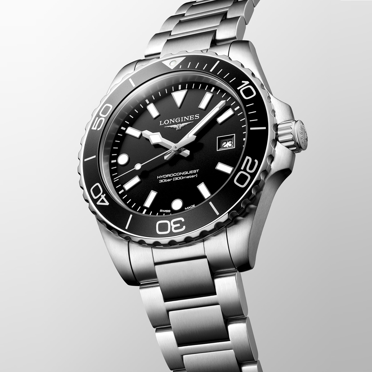 Longines HydroConquest Black Dial Quartz 42mm Watch Longines HydroConquest L3.769.4.56.6 quartz dive watch with black sandblasted dial and stainless steel bracelet