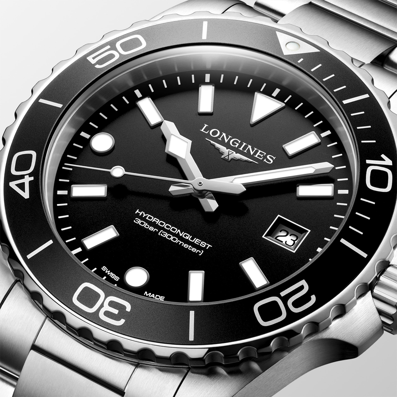 Longines HydroConquest Black Dial Quartz 42mm Watch Longines HydroConquest L3.769.4.56.6 quartz dive watch with black sandblasted dial and stainless steel bracelet