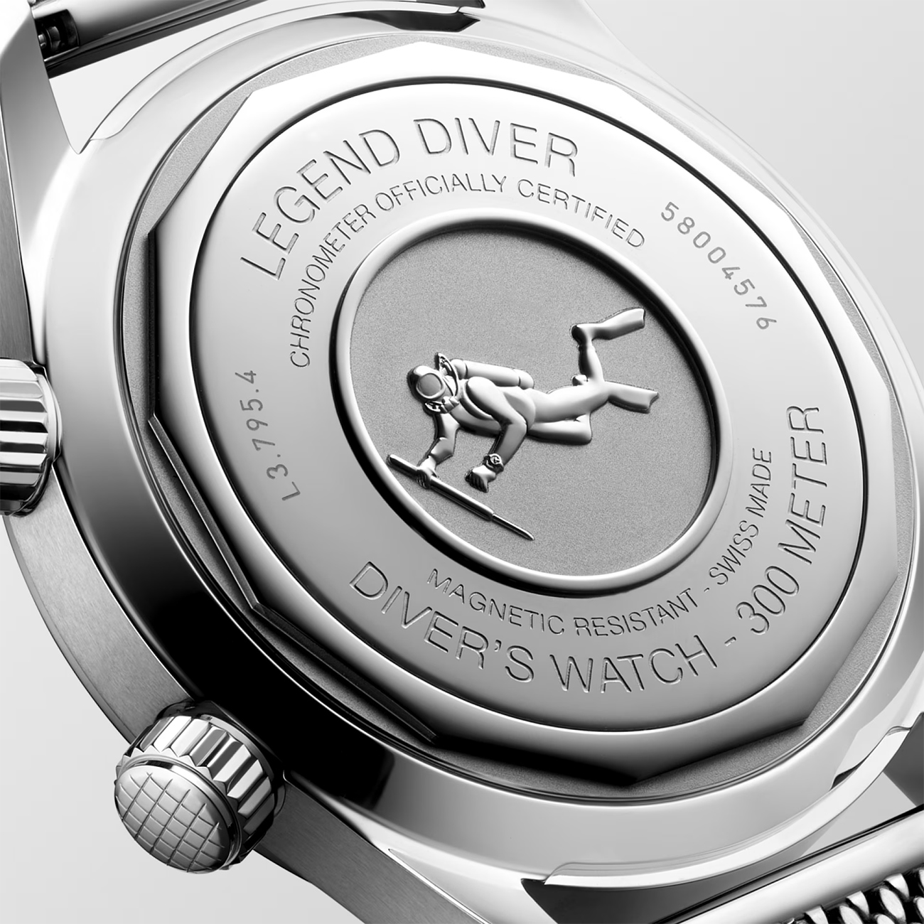 Longines Legend Diver 59 L3.795.4.59.9 Longines Legend Diver 59 42mm automatic stainless steel watch L3.795.4.59.9 with black grained dial - back close up