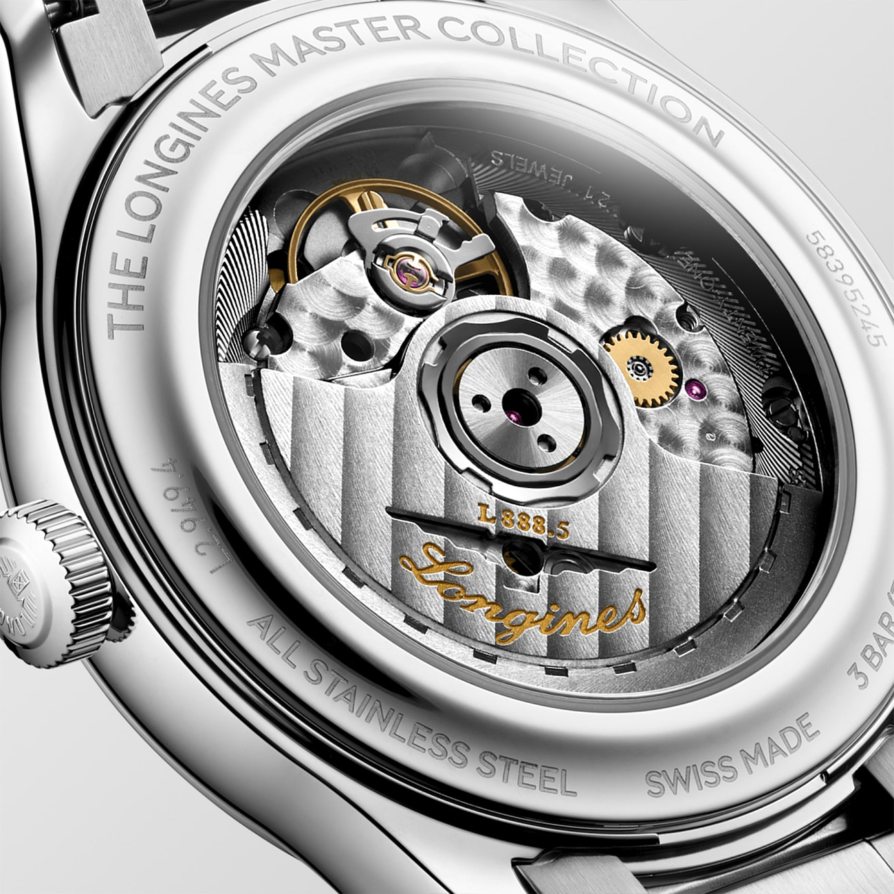Longines Master Collection 39mm Silver Automatic Watch Longines Master Collection L2.949.4.73.6 automatic watch with silver barleycorn dial and stainless steel bracelet - back close up