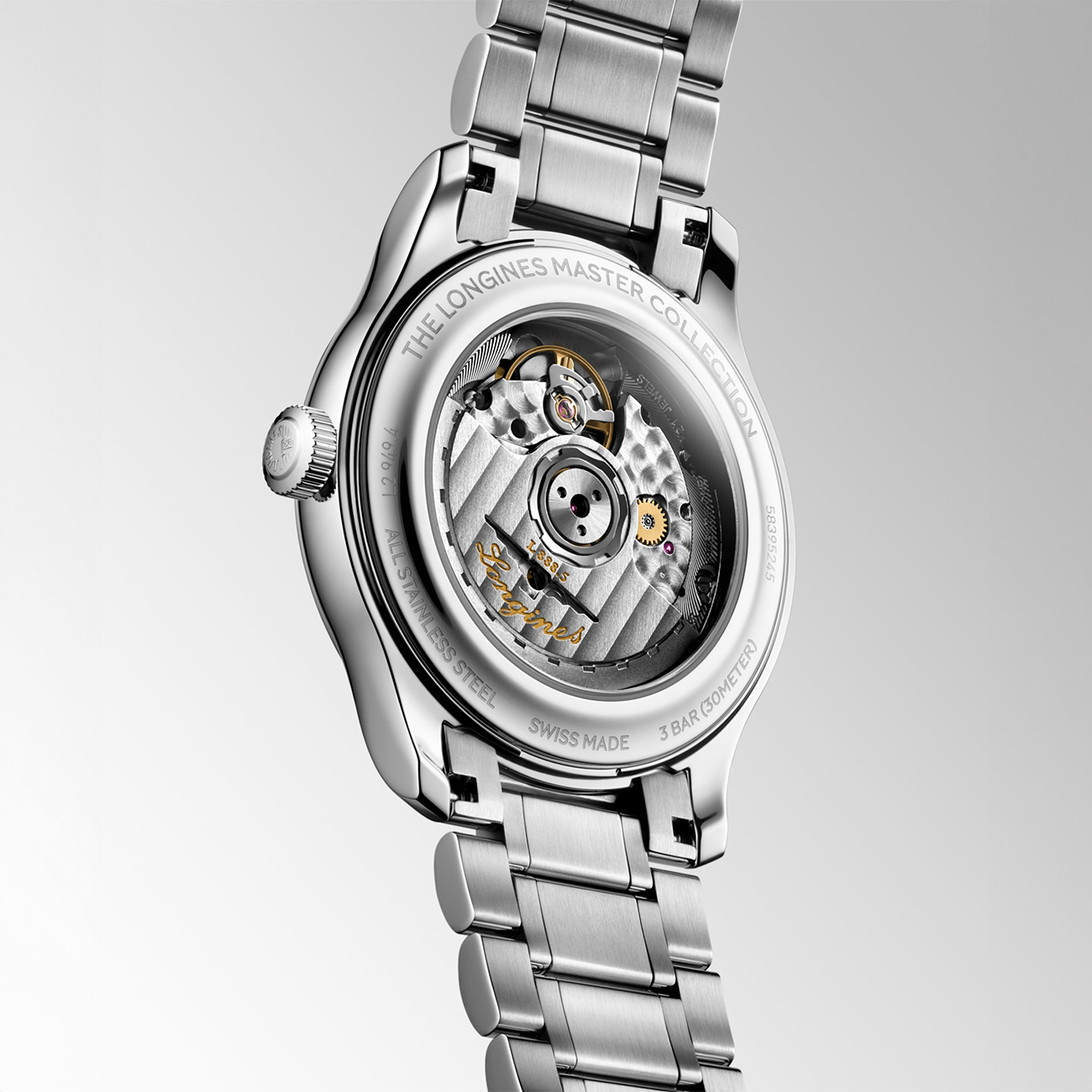 Longines Master Collection 39mm Silver Automatic Watch Longines Master Collection L2.949.4.73.6 automatic watch with silver barleycorn dial and stainless steel bracelet - back