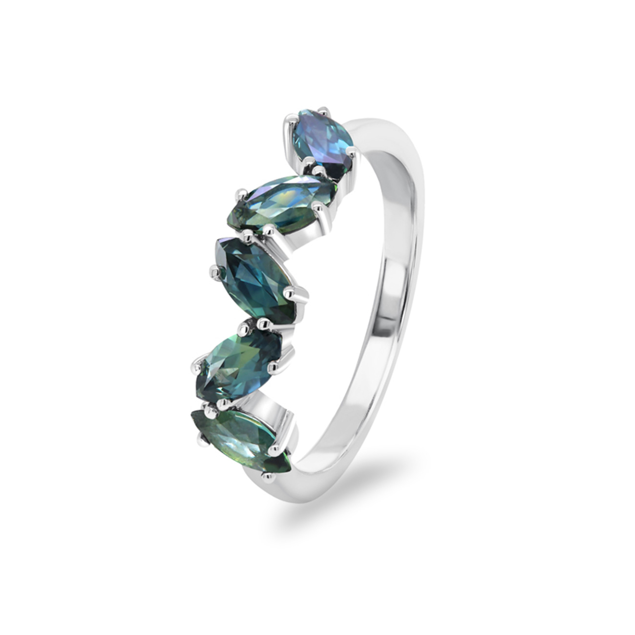 Sapphire Dreams Matilda Teal Sapphire Ring in 9k White Gold Sapphire Dreams Matilda ring in 9k white gold with five natural Australian marquise cut teal sapphires