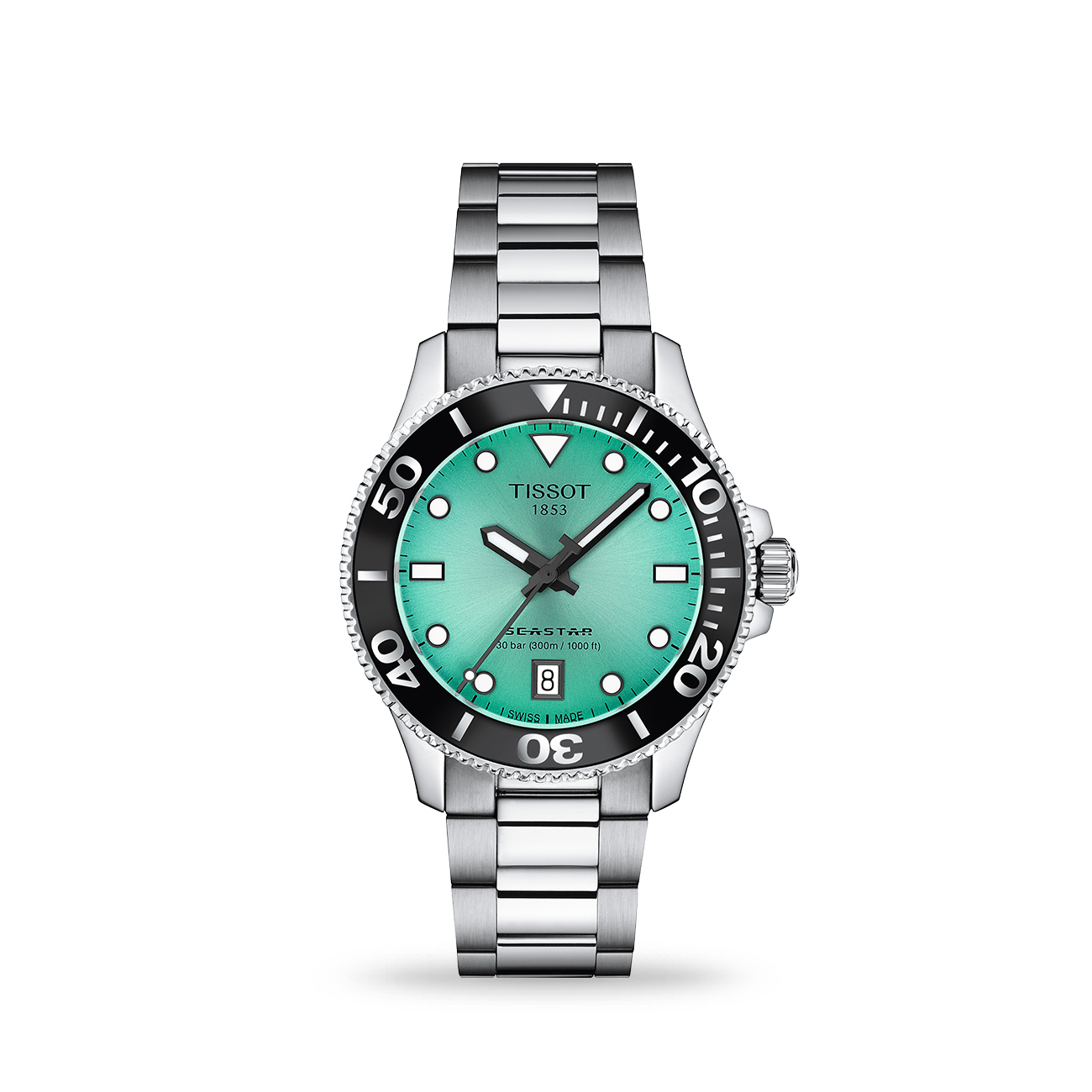 T1202101109100-tissot-seastar-36mm-green-dial Tissot Seastar 1000 36mm T1202101109100 turquoise dial stainless steel Swiss quartz watch - front view