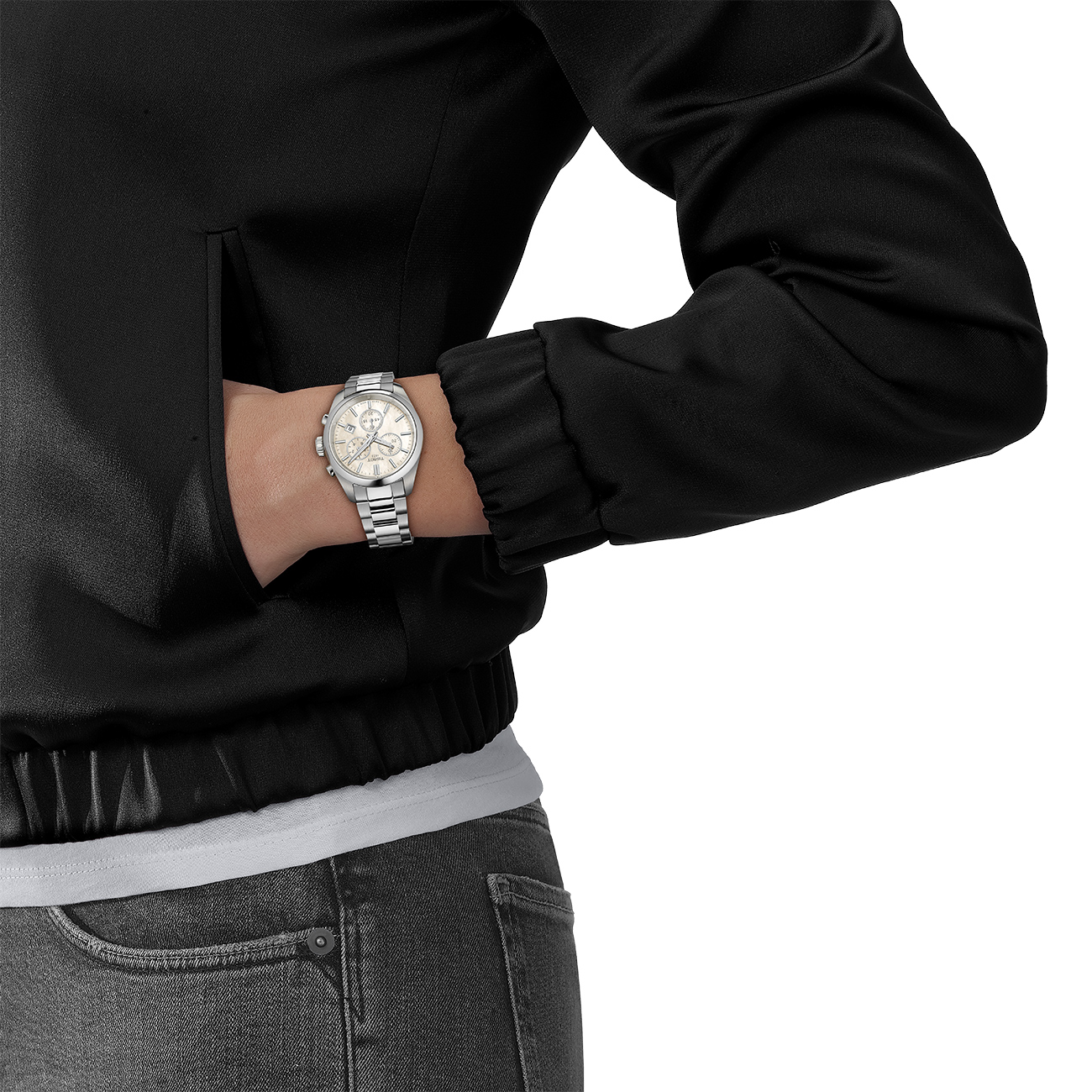 Tissot PR 100 36mm T1502171111100 Swiss Quartz Watch Tissot PR 100 36mm T1502171111100 Swiss quartz watch with white mother of pearl dial and stainless steel bracelet - lifestyle image