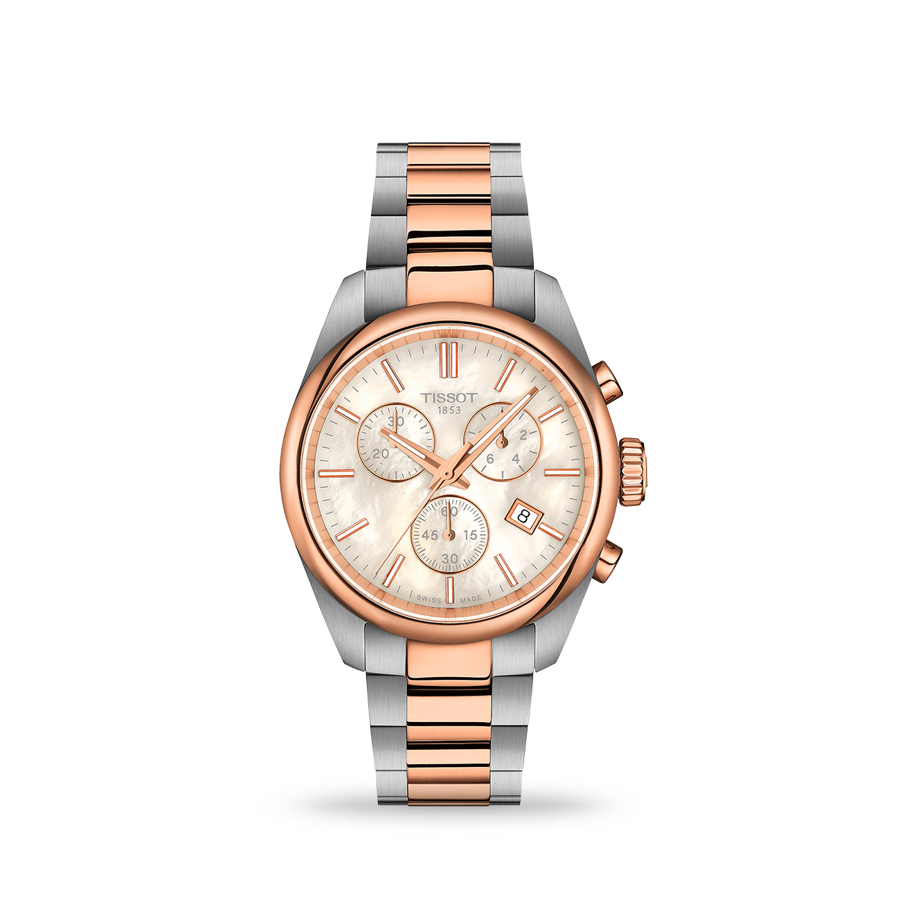Tissot PR 100 36mm T1502172211100 Rose Gold Chronograph Watch Tissot PR 100 36mm T1502172211100 Swiss quartz chronograph watch with rose gold PVD case and mother of pearl dial