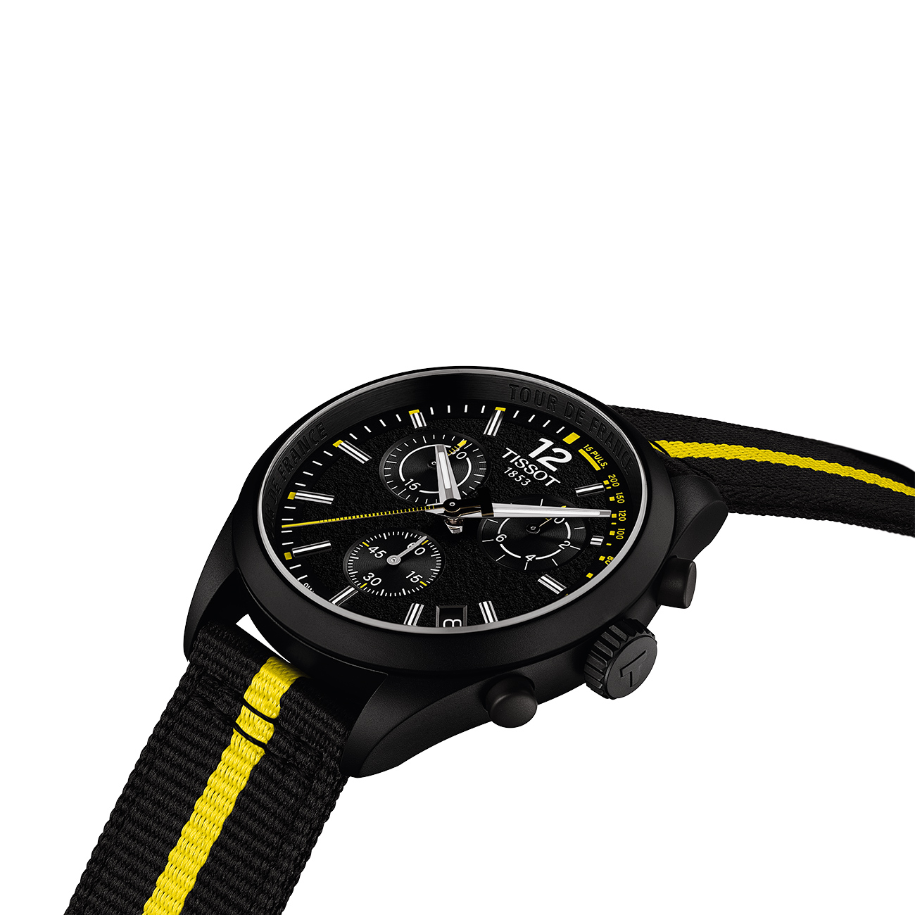 Tissot PR 100 Tour de France 2026 40mm T1504173705700 Chronograph Tissot PR 100 Tour de France 2026 40mm T1504173705700 black quartz chronograph watch front with strap