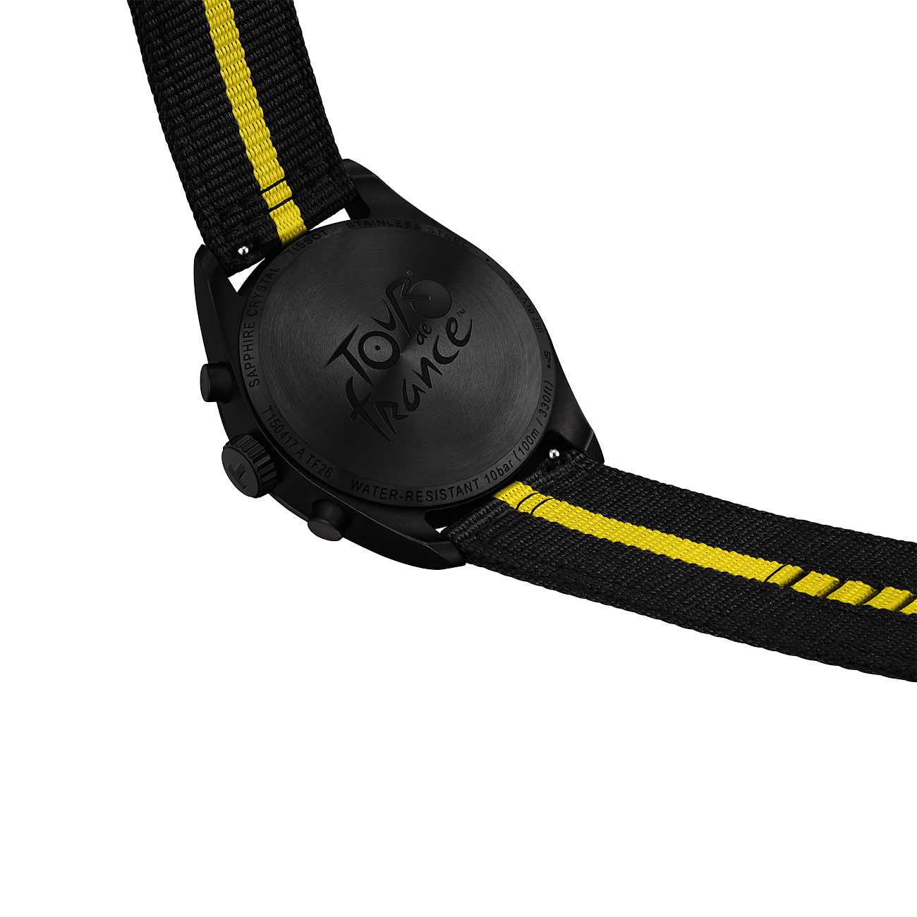 Tissot PR 100 Tour de France 2026 40mm T1504173705700 Chronograph Tissot PR 100 Tour de France 2026 40mm T1504173705700 black quartz chronograph watch back with fabric strap