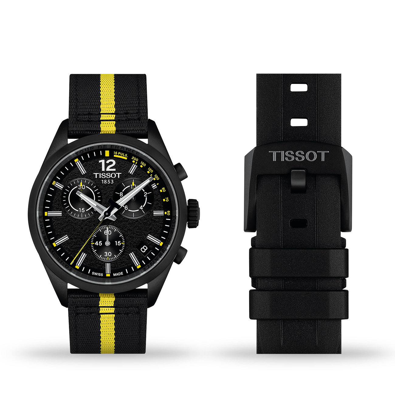 Tissot PR 100 Tour de France 2026 40mm T1504173705700 Chronograph Tissot PR 100 Tour de France 2026 40mm T1504173705700 black quartz chronograph watch with interchangeable black rubber strap