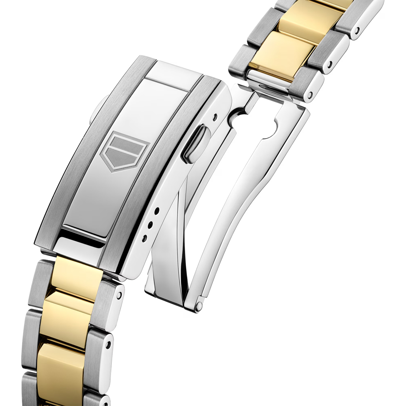 TAG Heuer Aquaracer Bracelet Folding Clasp Detail Close-up of TAG Heuer Aquaracer 34mm WBP1326.BB0004 two-tone stainless steel and gold folding clasp bracelet
