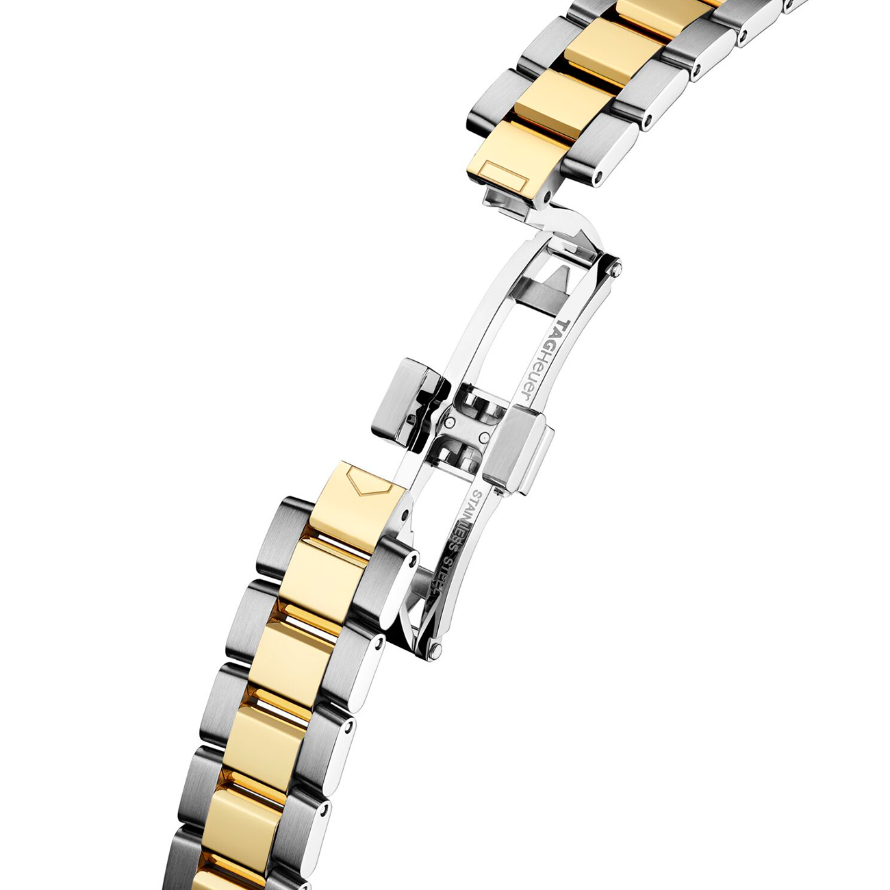 TAG Heuer WBP1420.BB0006 Folding Clasp Bracelet Close-Up TAG Heuer WBP1420.BB0006 Aquaracer Solargraph stainless steel and yellow gold plated folding clasp bracelet detail