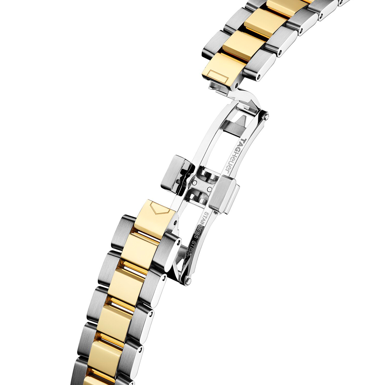 TAG Heuer Aquaracer WBP1423.BB0006 Bracelet Folding Clasp Detail TAG Heuer WBP1423.BB0006 Aquaracer Solargraph stainless steel and yellow gold plated folding clasp close-up