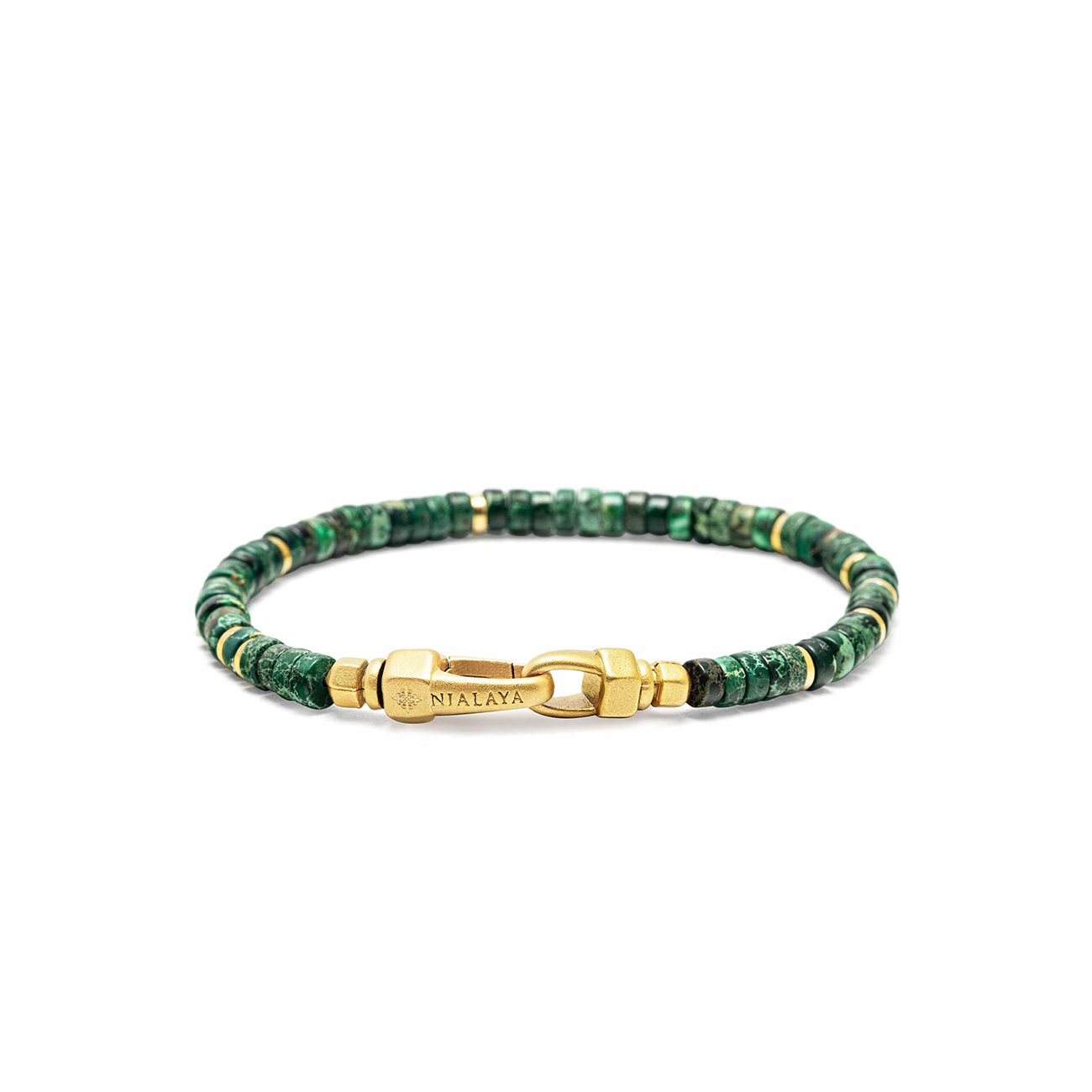 Dark Green Malachite Heishi Bracelet – MCHCO_747 Dark Green Malachite Heishi Bracelet with 4mm malachite beads and 18k gold plated stainless steel hardware by Nialaya (SKU MCHCO_747)