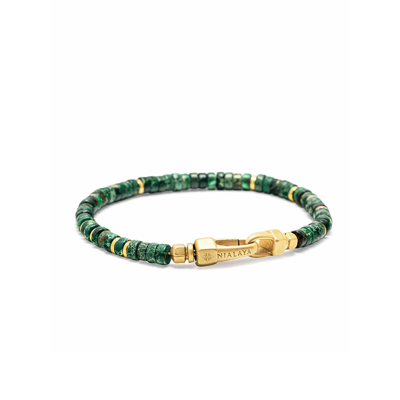 Dark Green Malachite Heishi Bracelet – MCHCO_747 Dark Green Malachite Heishi Bracelet with 4mm malachite beads and 18k gold plated stainless steel hardware by Nialaya (SKU MCHCO_747)