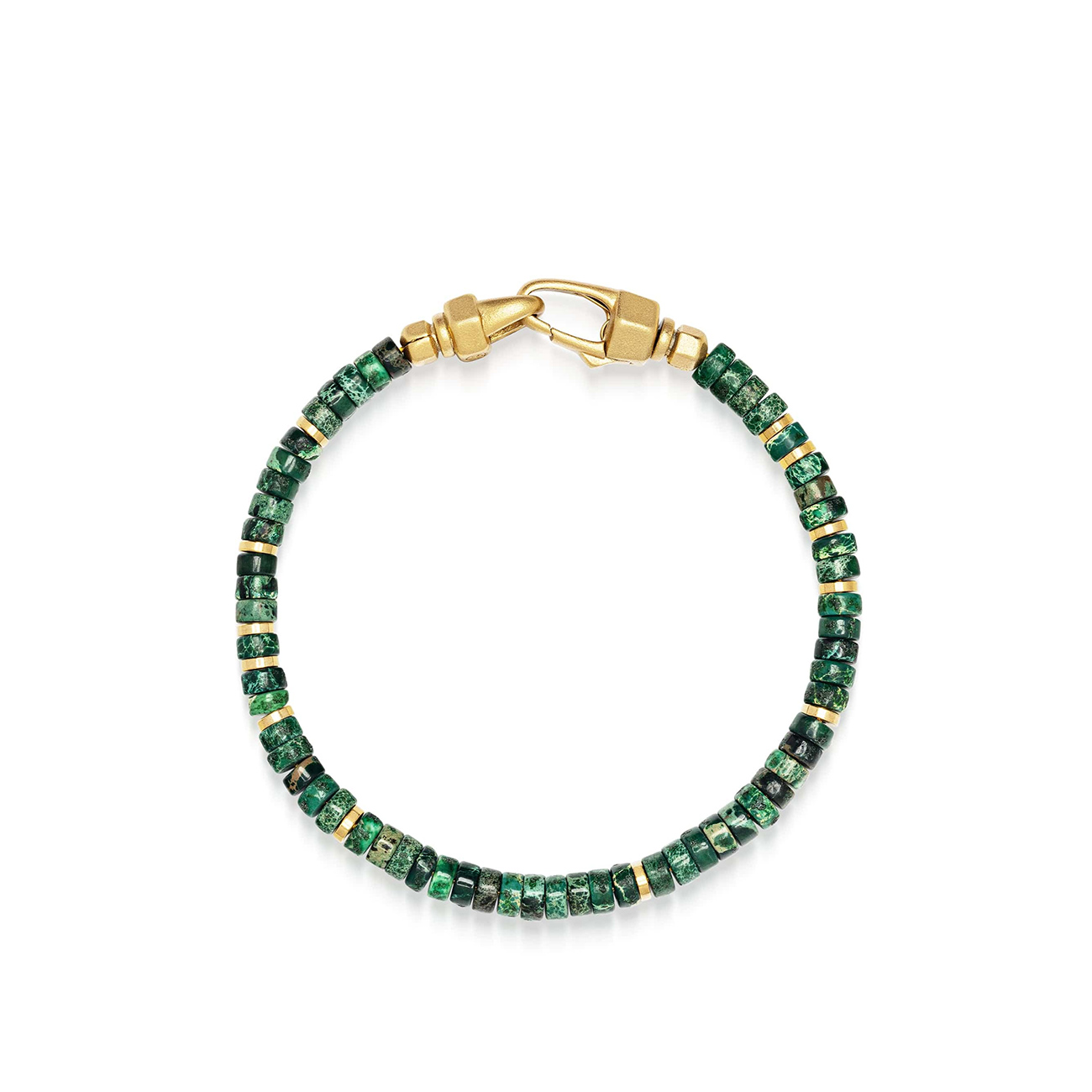 Dark Green Malachite Heishi Bracelet – MCHCO_747 Dark Green Malachite Heishi Bracelet with 4mm malachite beads and 18k gold plated stainless steel hardware by Nialaya (SKU MCHCO_747)
