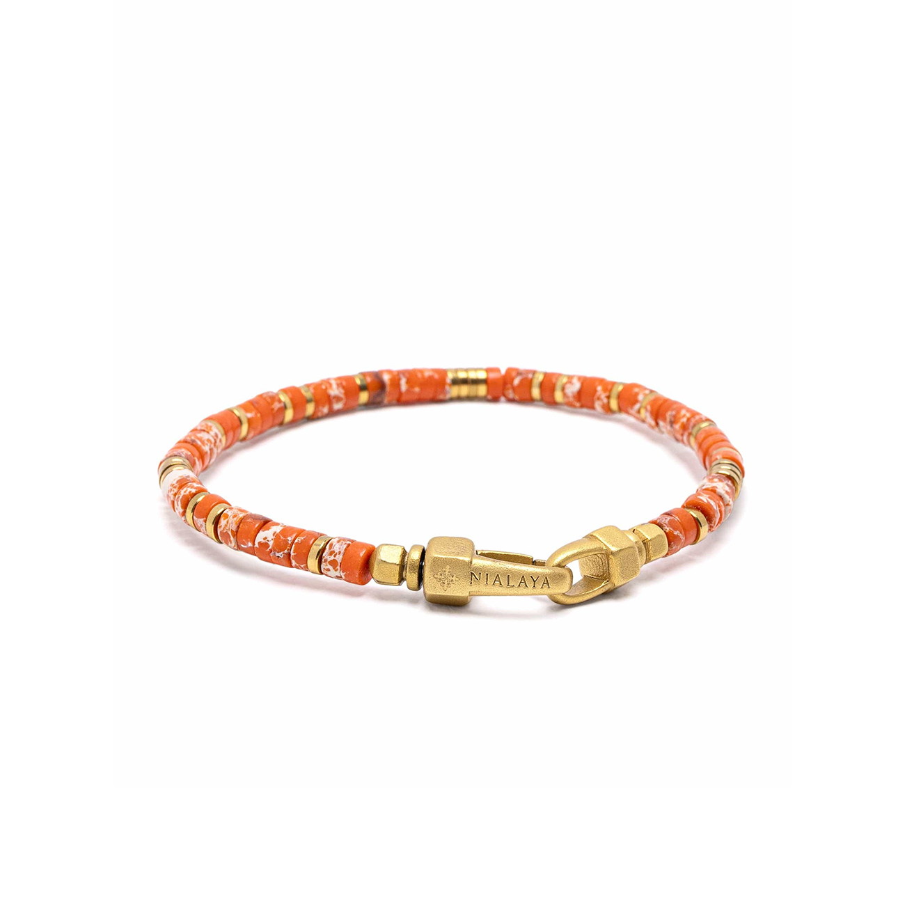 Nialaya Orange Jasper Heishi Bracelet – MCHCO_755 Orange Jasper Heishi Bracelet with 4mm orange jasper beads and 18k gold plated stainless steel hardware by Nialaya SKU MCHCO_755