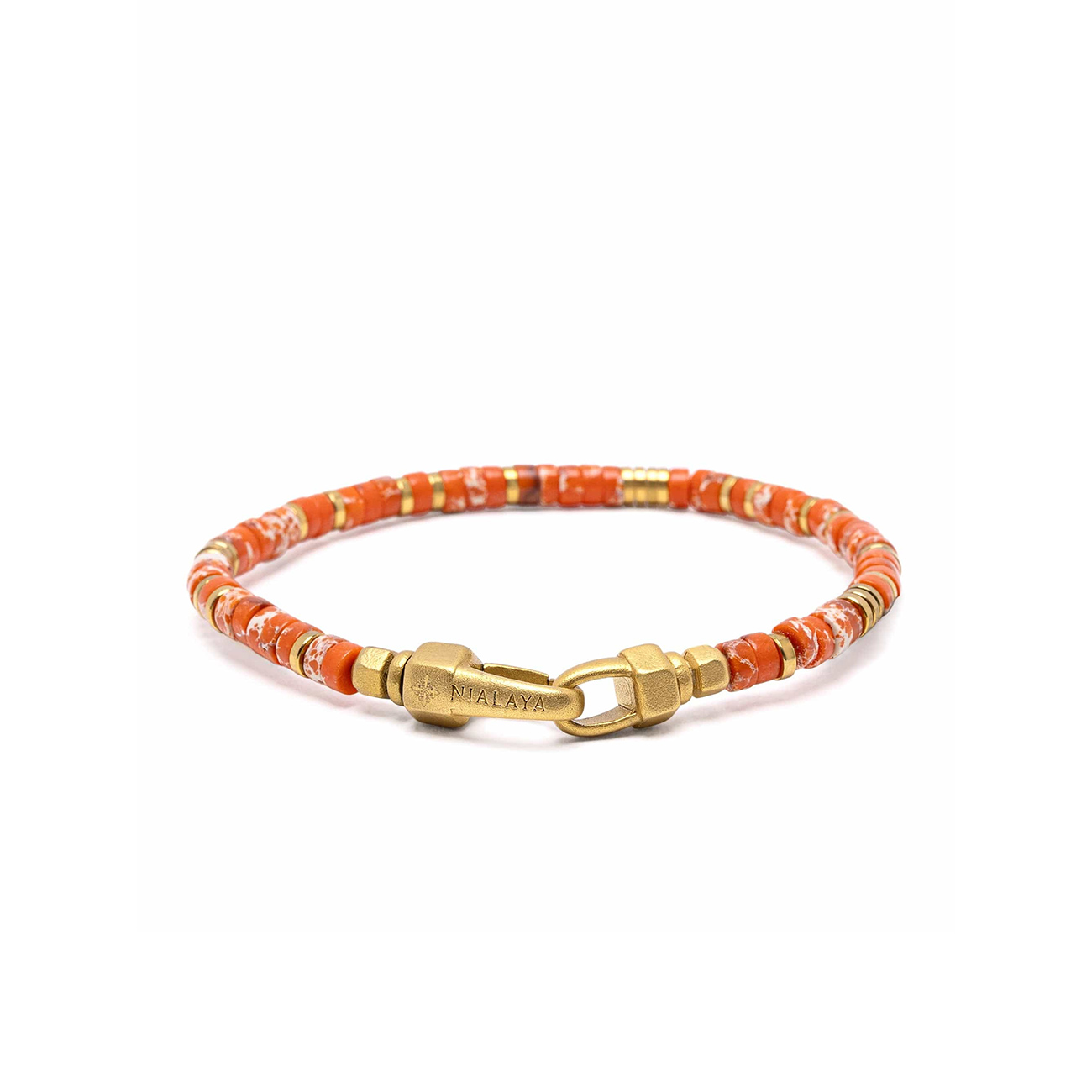 Nialaya Orange Jasper Heishi Bracelet – MCHCO_755 Orange Jasper Heishi Bracelet with 4mm orange jasper beads and 18k gold plated stainless steel hardware by Nialaya SKU MCHCO_755