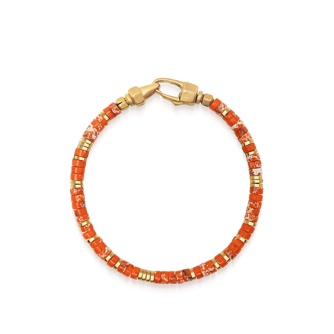 Nialaya Orange Jasper Heishi Bracelet – MCHCO_755 Orange Jasper Heishi Bracelet with 4mm orange jasper beads and 18k gold plated stainless steel hardware by Nialaya SKU MCHCO_755