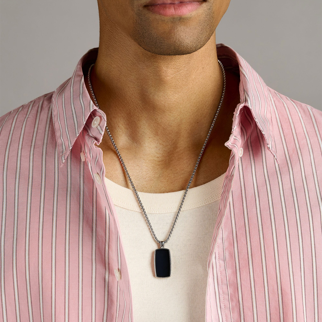 Black Onyx Dog Tag Necklace in Silver – MNEC_446 Black Onyx Dog Tag Necklace in Silver with stainless steel chain and black onyx pendant by Nialaya SKU MNEC_446