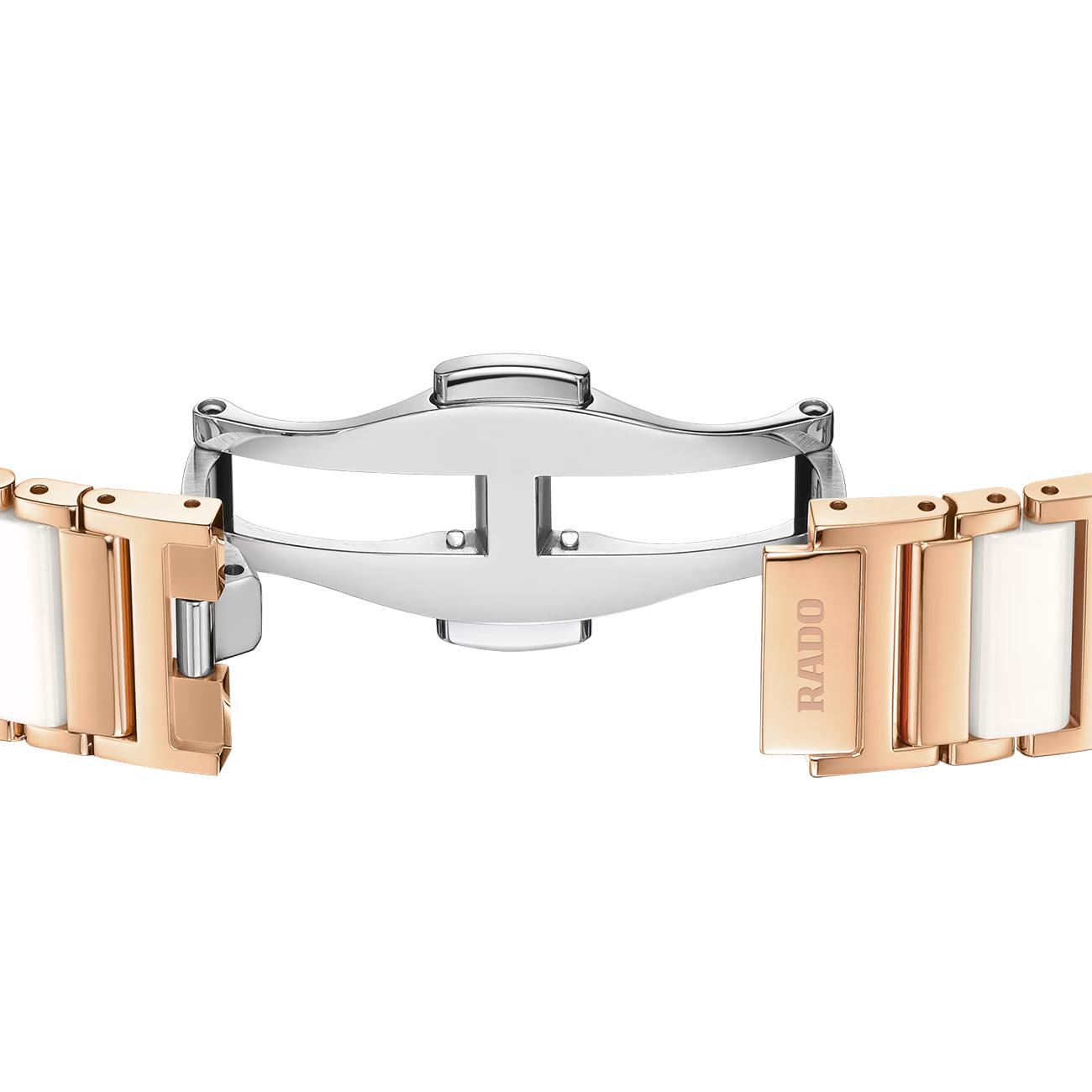 Rado Integral Diamonds R20251902 Folding Clasp Detail Close-up of the Rado Integral Diamonds R20251902 white high-tech ceramic bracelet with stainless steel folding clasp
