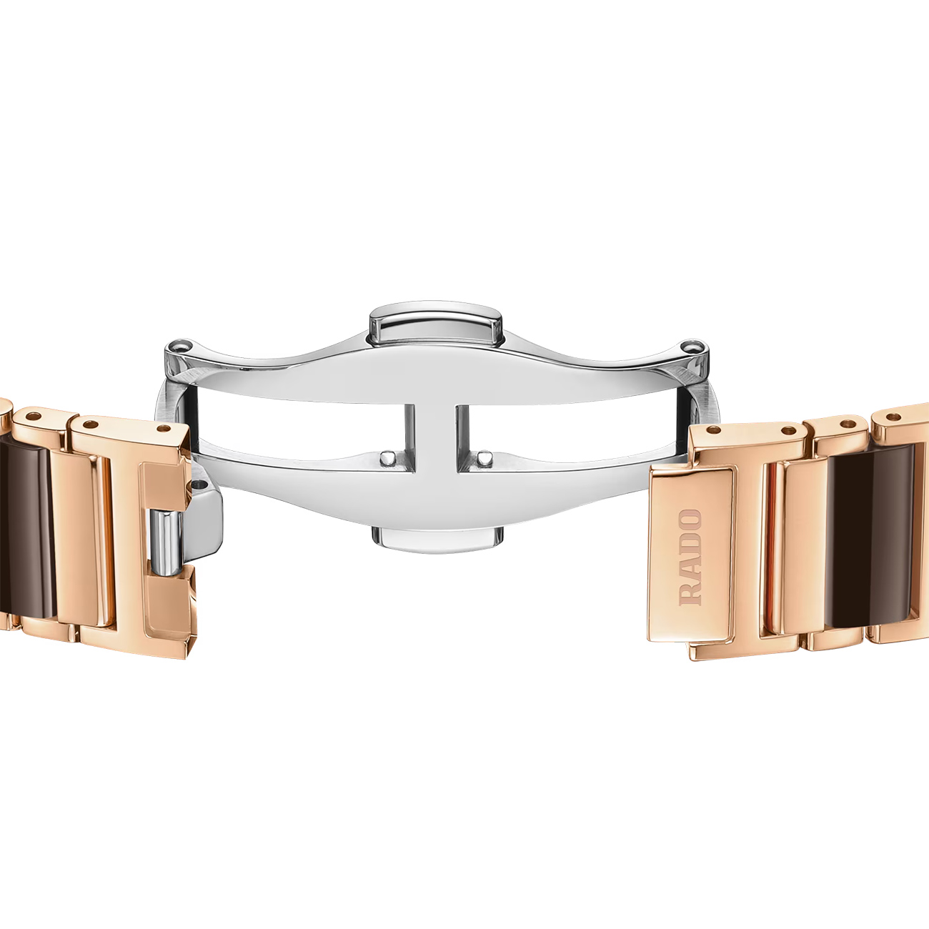 Rado Integral Diamonds R20251912 Bracelet Clasp Detail Close-up of the Rado Integral Diamonds R20251912 brown high-tech ceramic bracelet with stainless steel three-fold clasp