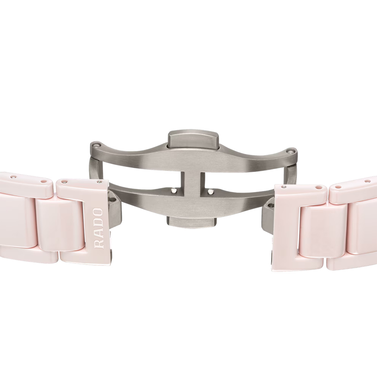 Rado True Square R27181902 Ceramic Bracelet and Clasp Close-Up Close-up of the Rado True Square Diamonds R27181902 pink high-tech ceramic bracelet with titanium three-fold clasp