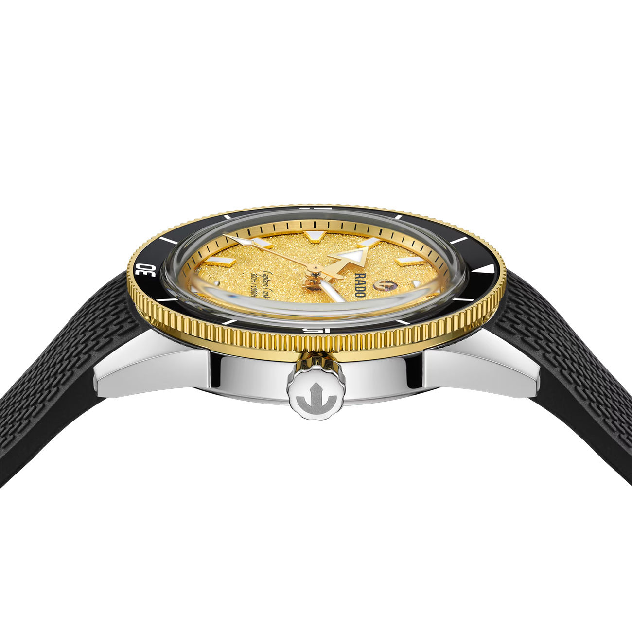 Rado Captain Cook R32223258 Automatic Watch Rado Captain Cook R32223258 automatic watch with shimmering gold dial, black ceramic bezel and black rubber strap