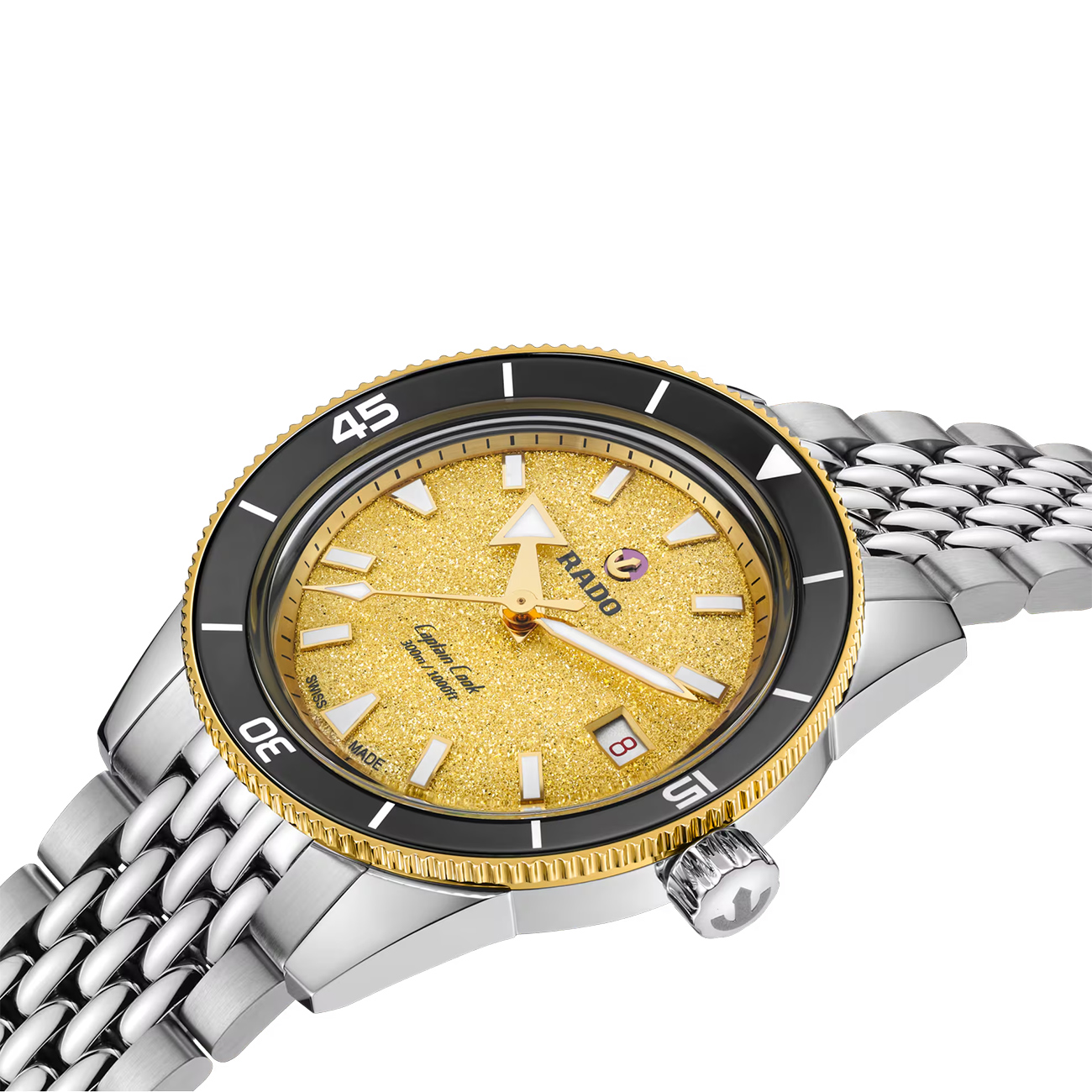 Rado Captain Cook R32223258 Automatic Watch Rado Captain Cook R32223258 automatic watch with shimmering gold dial, black ceramic bezel and stainless steel bracelet