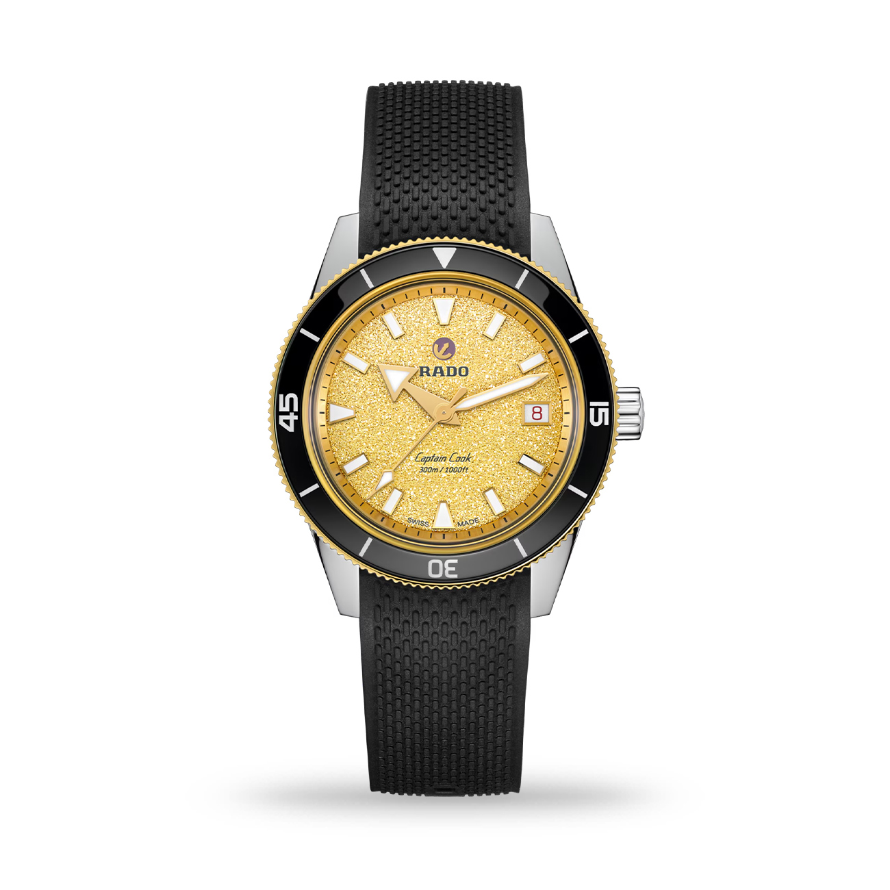 Rado Captain Cook R32223258 Automatic Watch Rado Captain Cook R32223258 automatic watch with shimmering gold dial, black ceramic bezel and black rubber strap