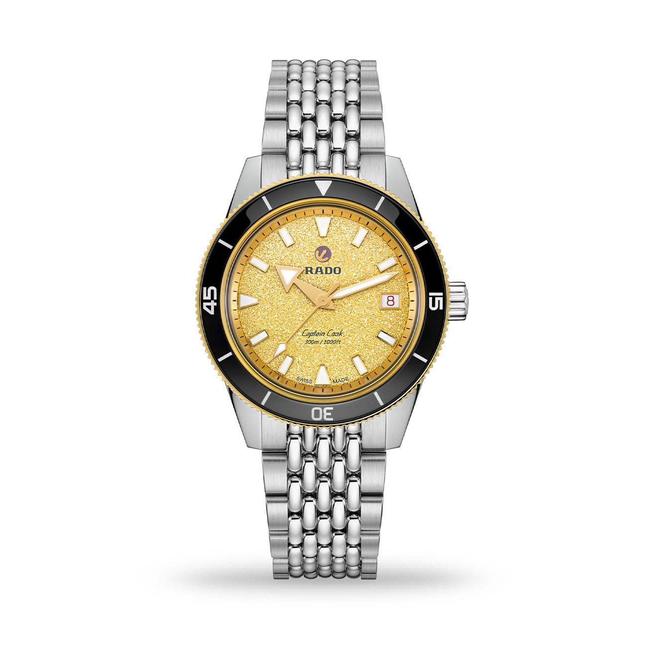Rado Captain Cook R32223258 Automatic Watch Rado Captain Cook R32223258 automatic watch with shimmering gold dial, black ceramic bezel and stainless steel bracelet