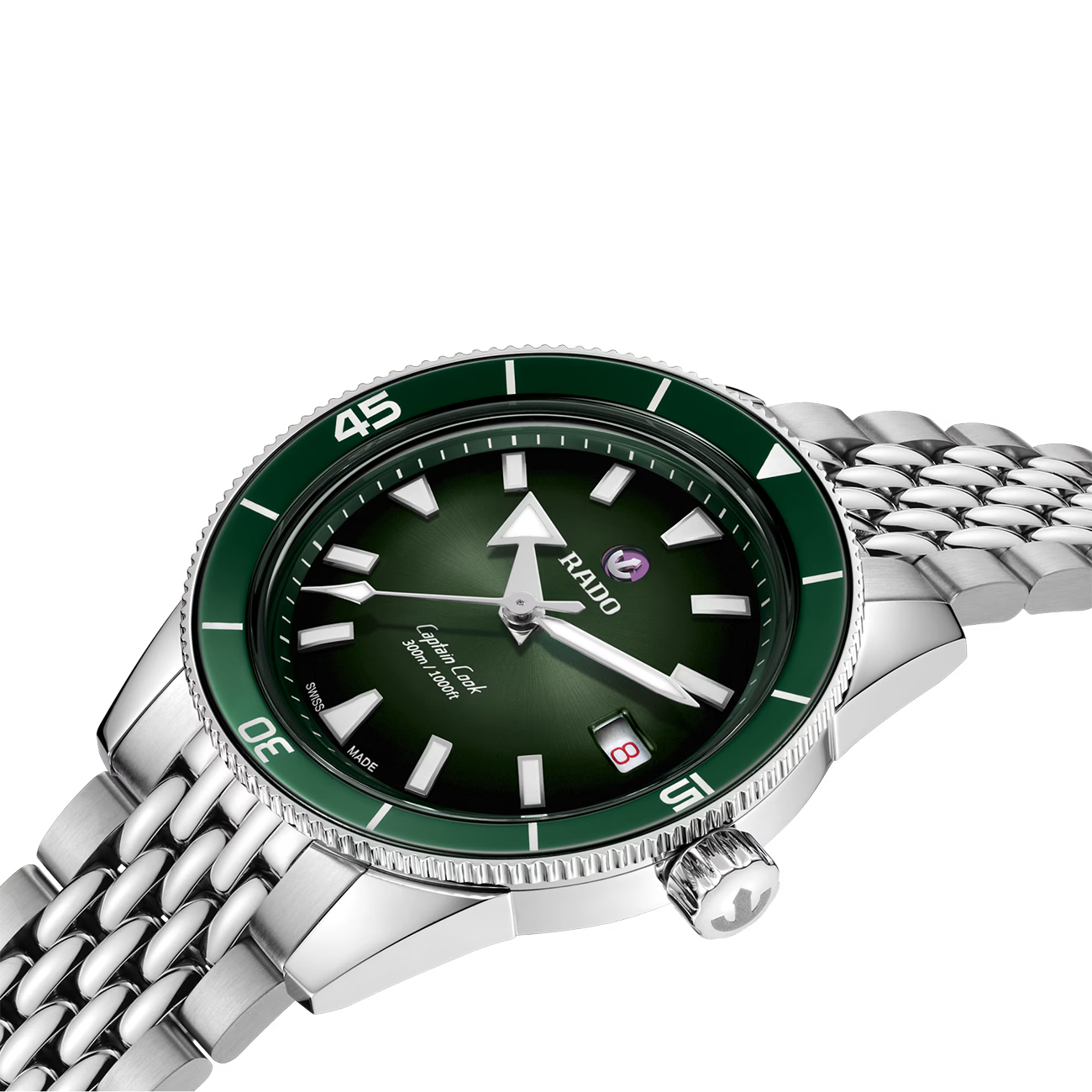 Rado Captain Cook R32223313 Automatic Sports Watch Rado Captain Cook R32223313 automatic watch with black to green gradient dial, green ceramic bezel and stainless steel bracelet