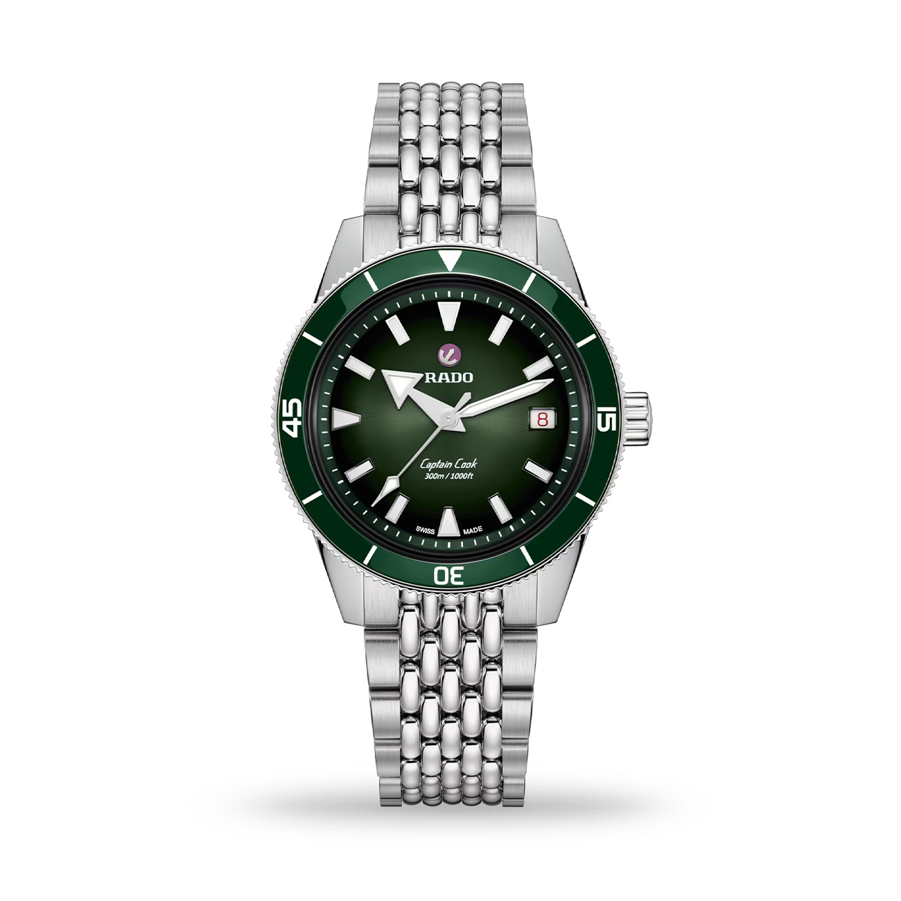 Rado Captain Cook R32223313 Automatic Sports Watch Rado Captain Cook R32223313 automatic watch with black to green gradient dial, green ceramic bezel and stainless steel bracelet