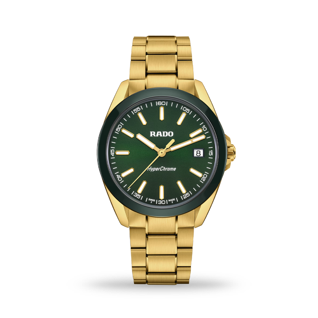 Rado HyperChrome R32283313 Men's Quartz Watch Rado HyperChrome R32283313 men's Swiss quartz watch with British Racing Green sunray dial and green ceramic bezel
