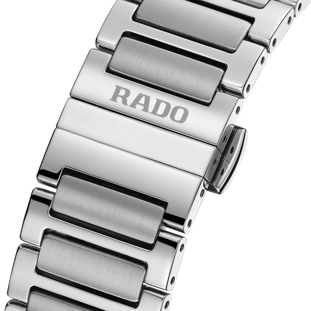 Rado DiaStar Original Automatic R12160113 Bracelet Clasp Detail Close-up of the Rado DiaStar Original Automatic R12160113 stainless steel bracelet with three-fold clasp