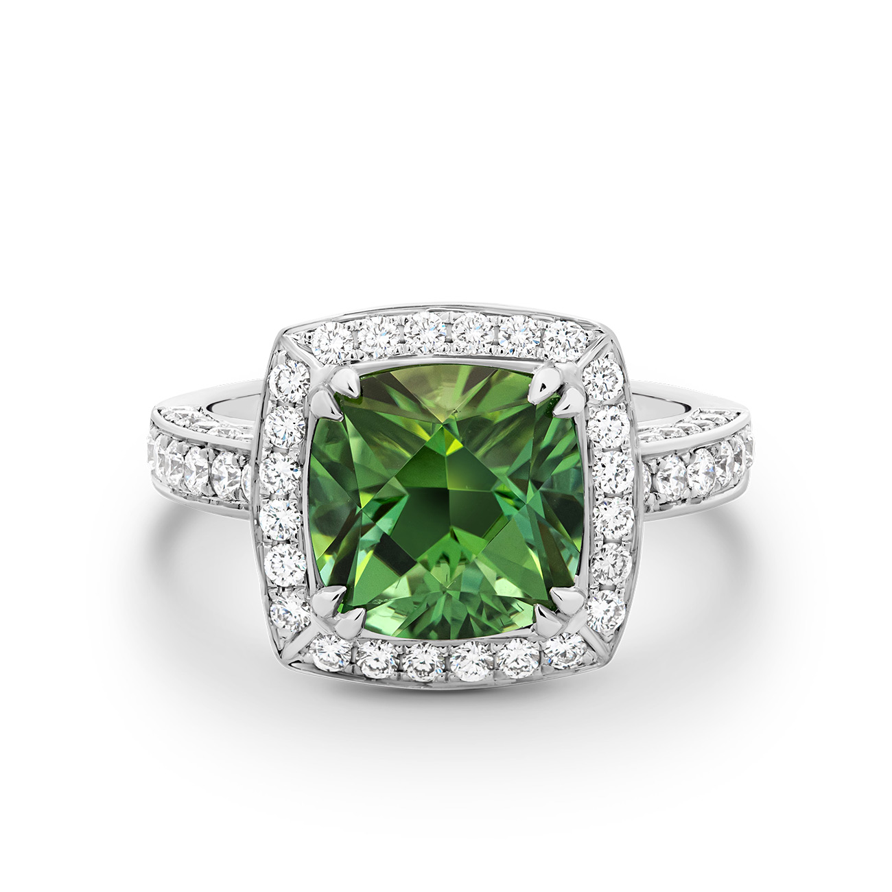 Cushion Green Tourmaline Diamond Halo Ring 18K White Gold Cushion Green Tourmaline and Diamond Halo Ring in 18K White Gold