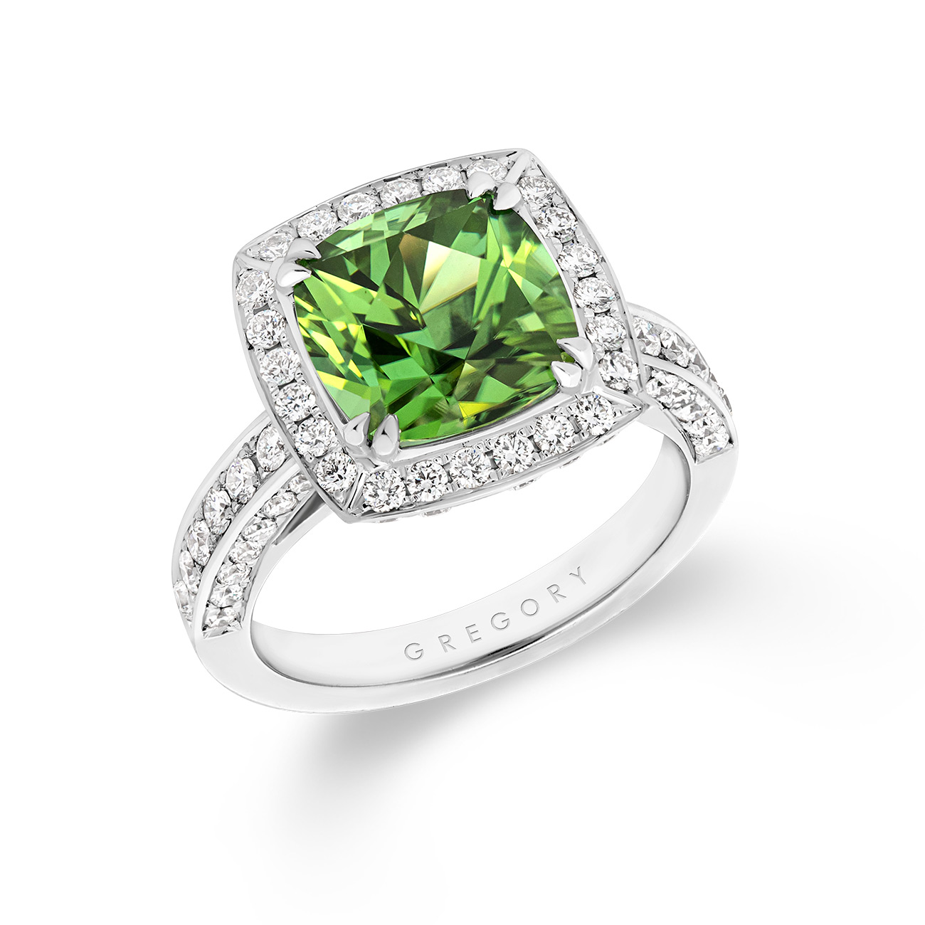 Cushion Green Tourmaline Diamond Halo Ring 18K White Gold Cushion Green Tourmaline and Diamond Halo Ring in 18K White Gold