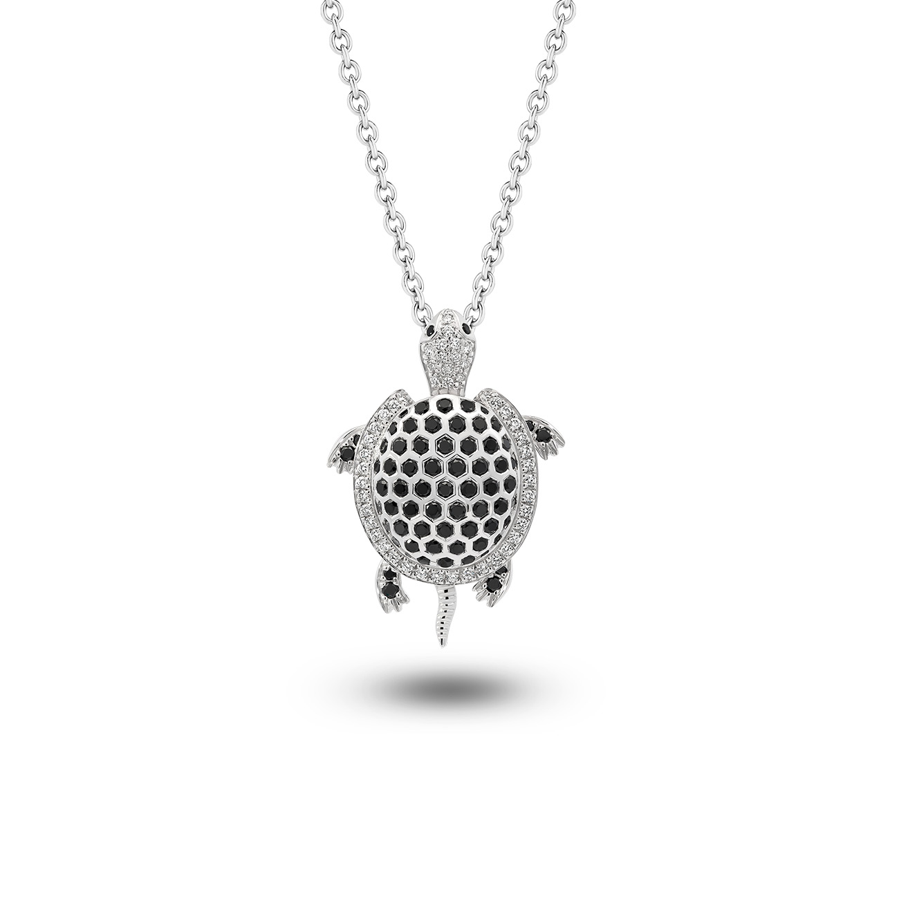Turtle Black & White Diamond Pendant in 18K White Gold turtle pendant with black and white diamonds in 18K white gold