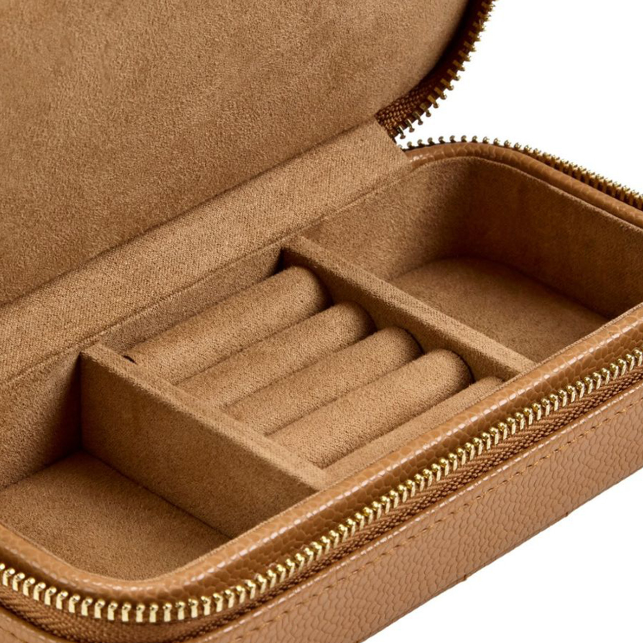 WOLF Lauren Medium Jewellery Box Caramel 349707 WOLF Lauren Medium Jewellery Box in Caramel, SKU 349707, with multiple jewellery storage compartments
