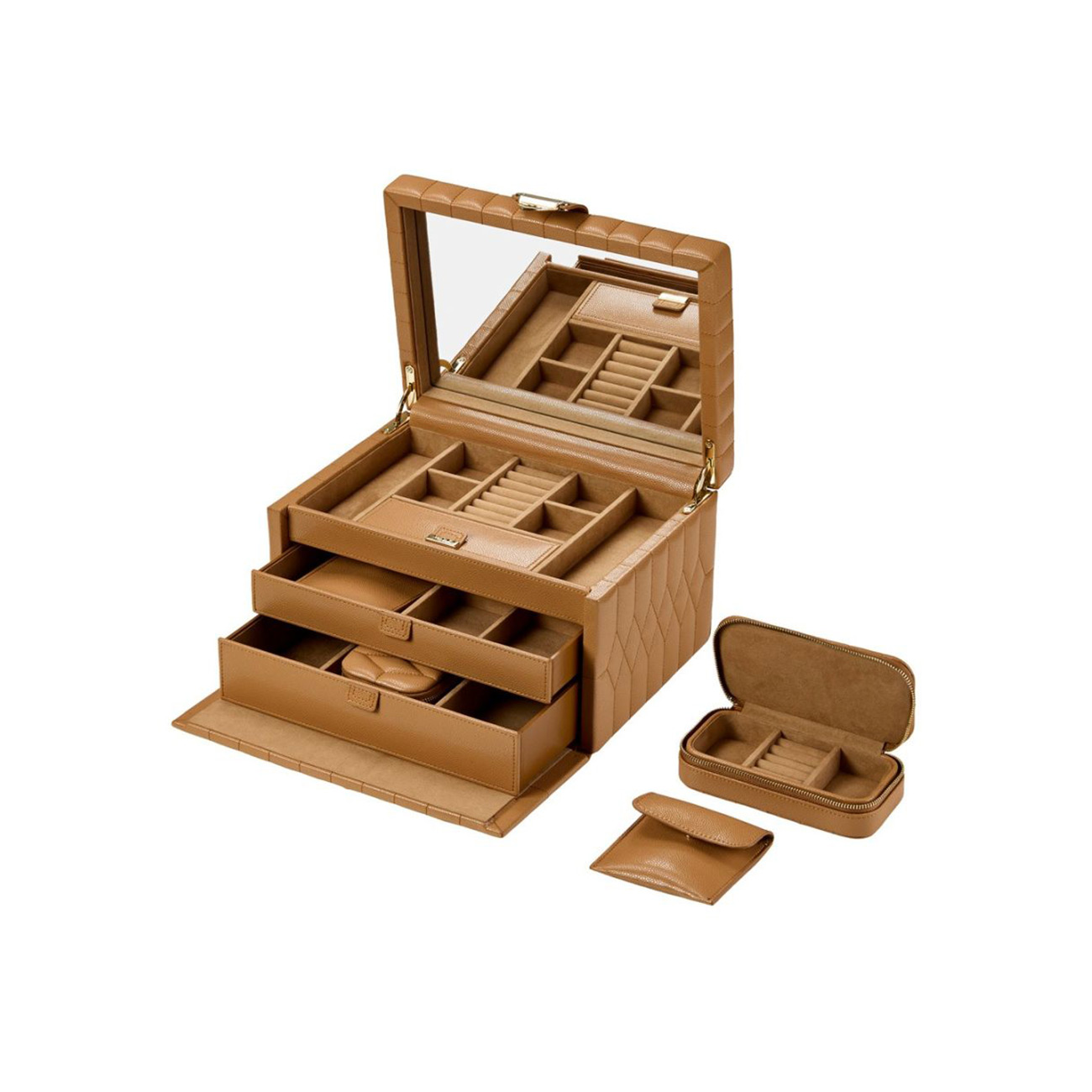 WOLF Lauren Medium Jewellery Box Caramel 349707 WOLF Lauren Medium Jewellery Box in Caramel, SKU 349707, with multiple jewellery storage compartments