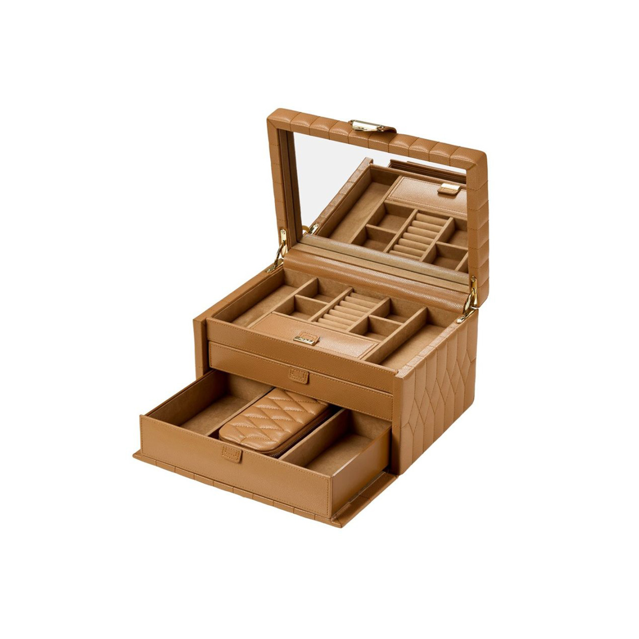 WOLF Lauren Medium Jewellery Box Caramel 349707 WOLF Lauren Medium Jewellery Box in Caramel, SKU 349707, with multiple jewellery storage compartments