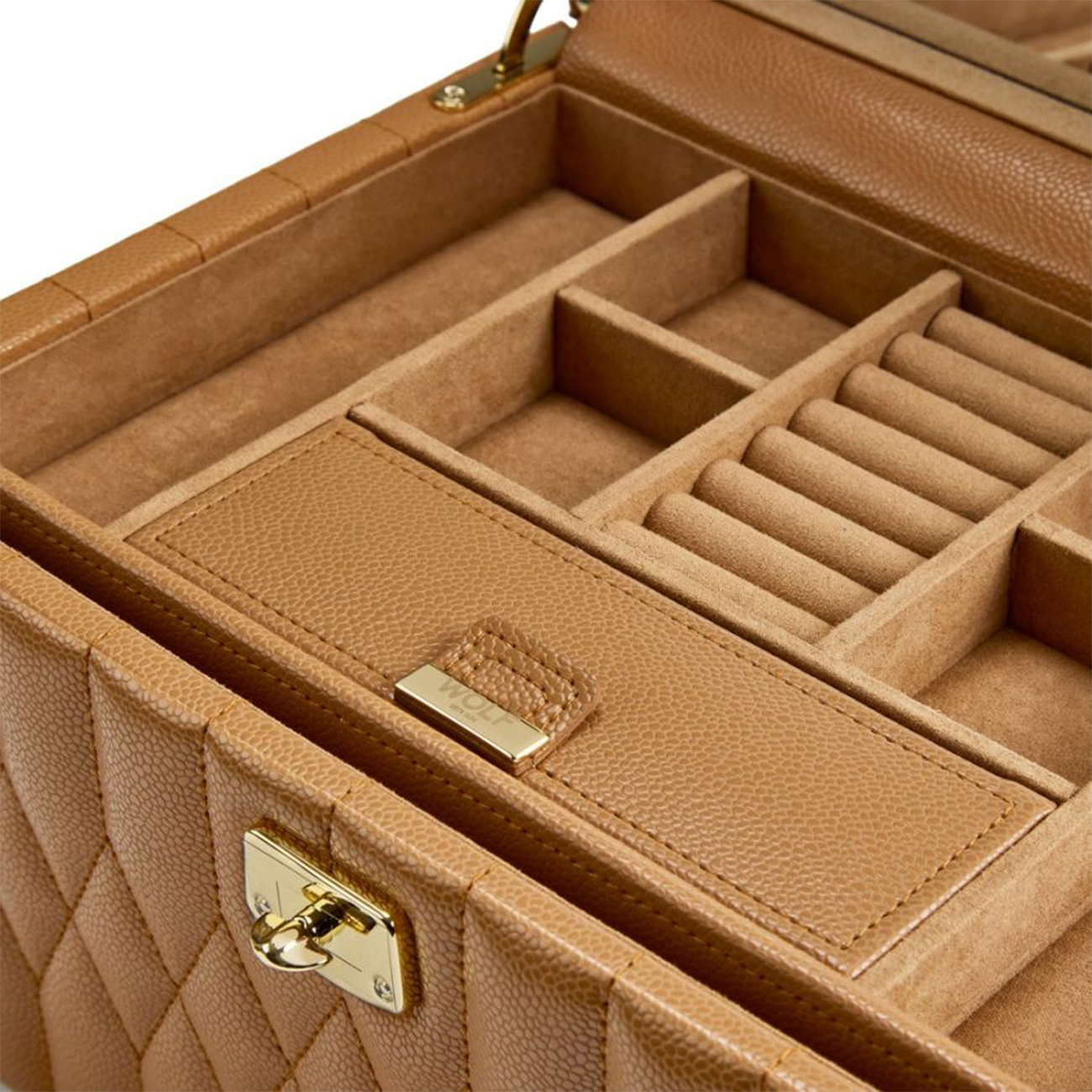 WOLF Lauren Medium Jewellery Box Caramel 349707 WOLF Lauren Medium Jewellery Box in Caramel, SKU 349707, with multiple jewellery storage compartments