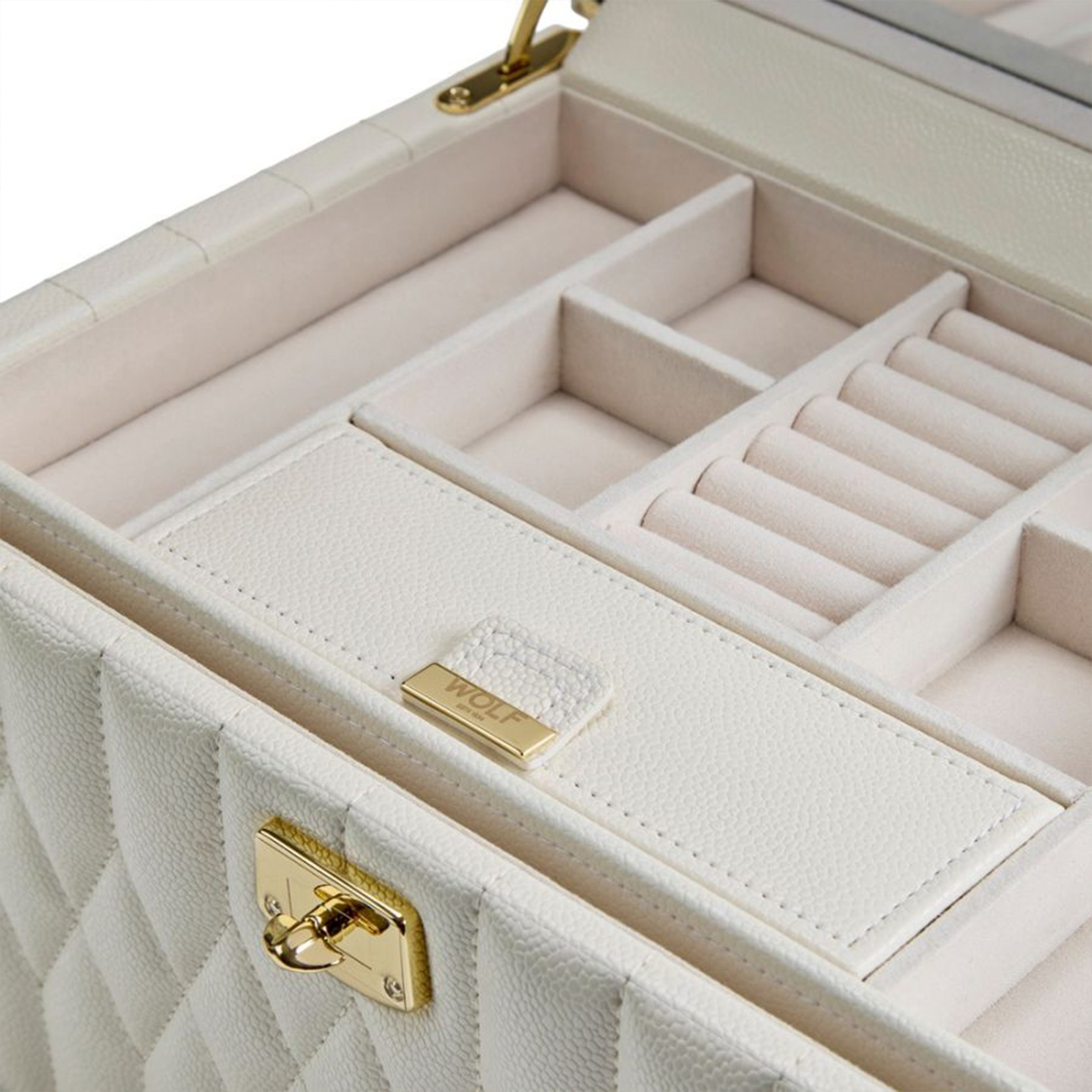 WOLF Lauren Medium Jewellery Box Ivory 349752 WOLF Lauren Medium Jewellery Box in Ivory, SKU 349752, with multiple jewellery storage compartments