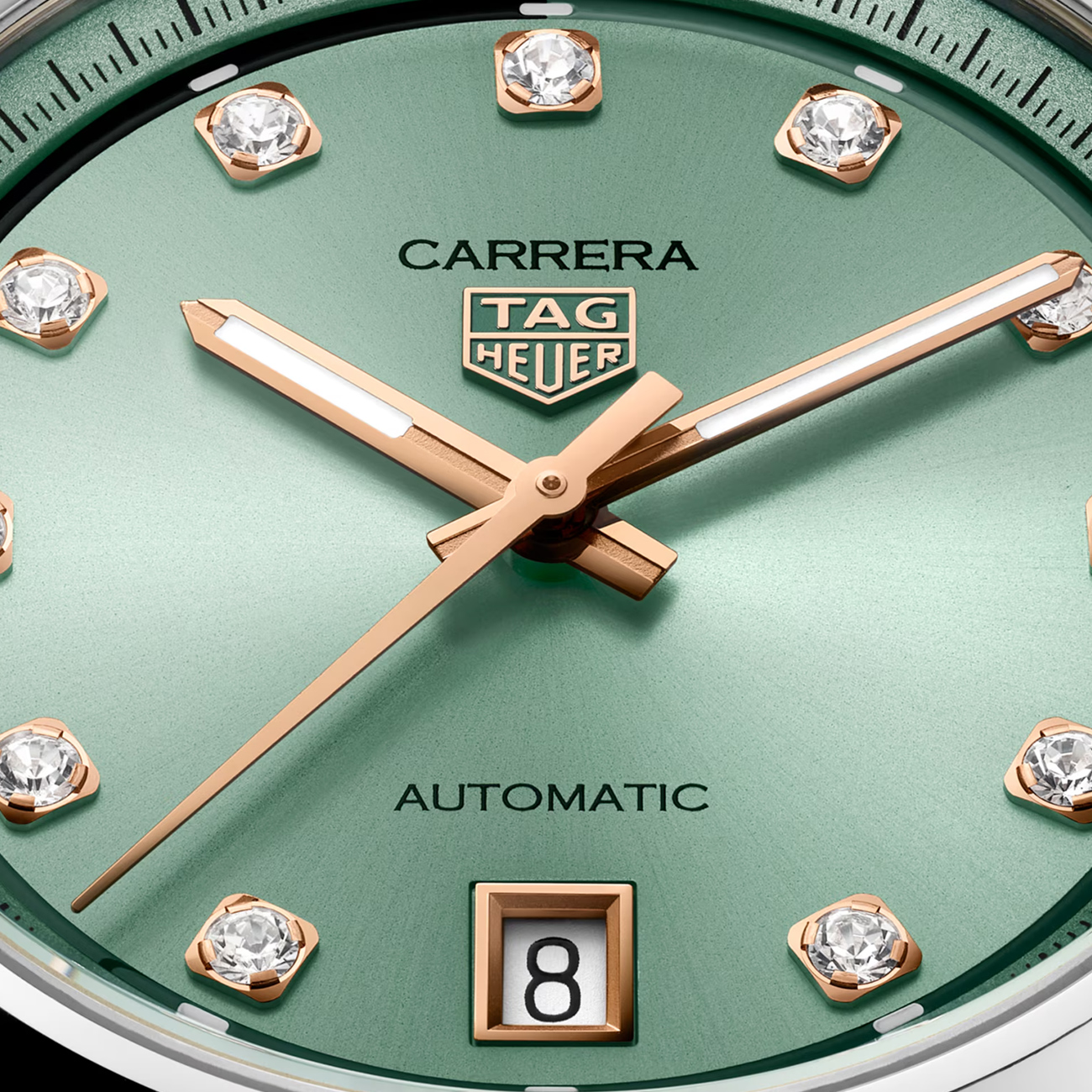 TAG Heuer Carrera Date WBN2317.BD0000 Green Diamond Dial 36mm TAG Heuer Carrera Date WBN2317.BD0000 36mm automatic stainless steel watch with green diamond dial - closeup