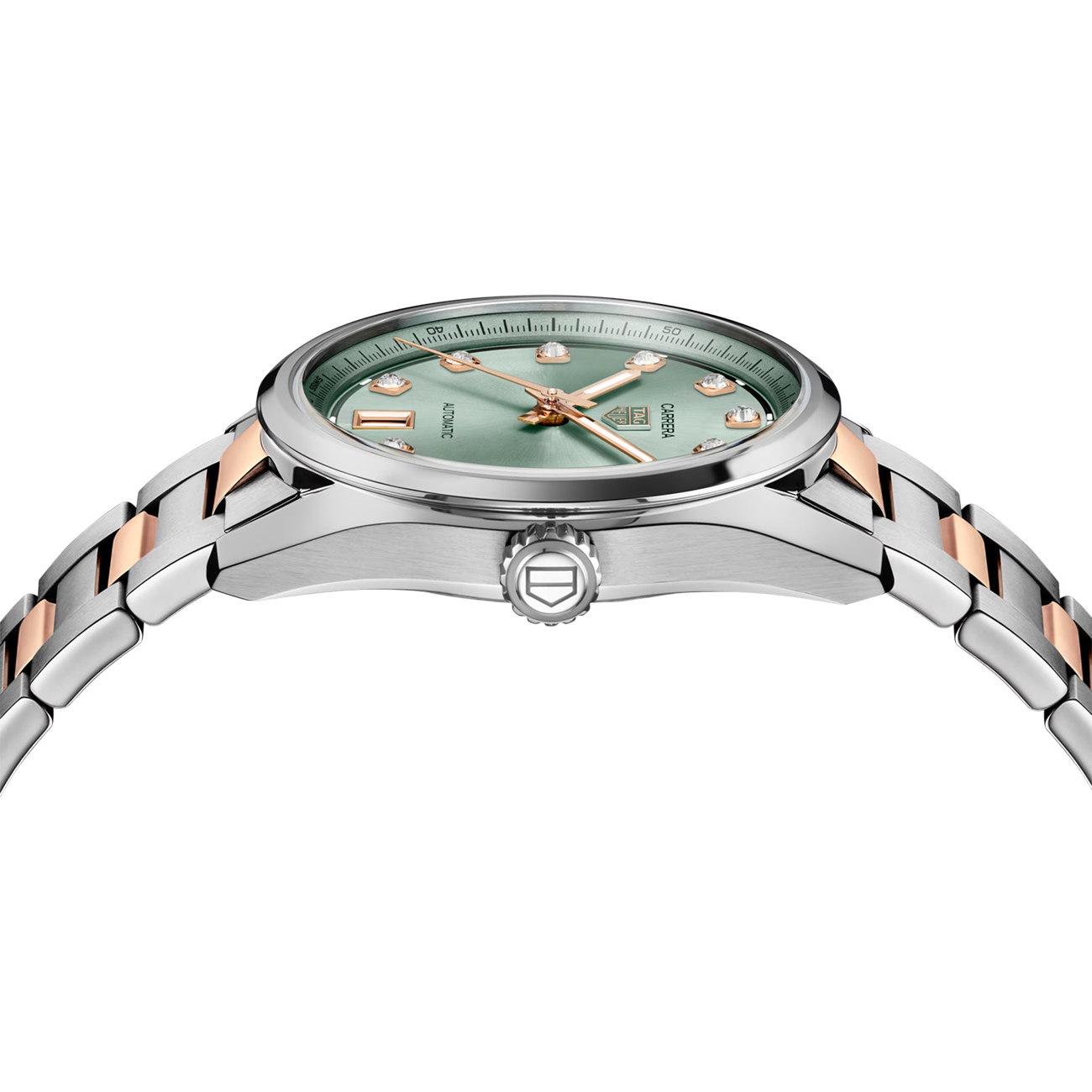TAG Heuer Carrera Date WBN2317.BD0000 Green Diamond Dial 36mm TAG Heuer Carrera Date WBN2317.BD0000 36mm automatic stainless steel watch with green diamond dial - side