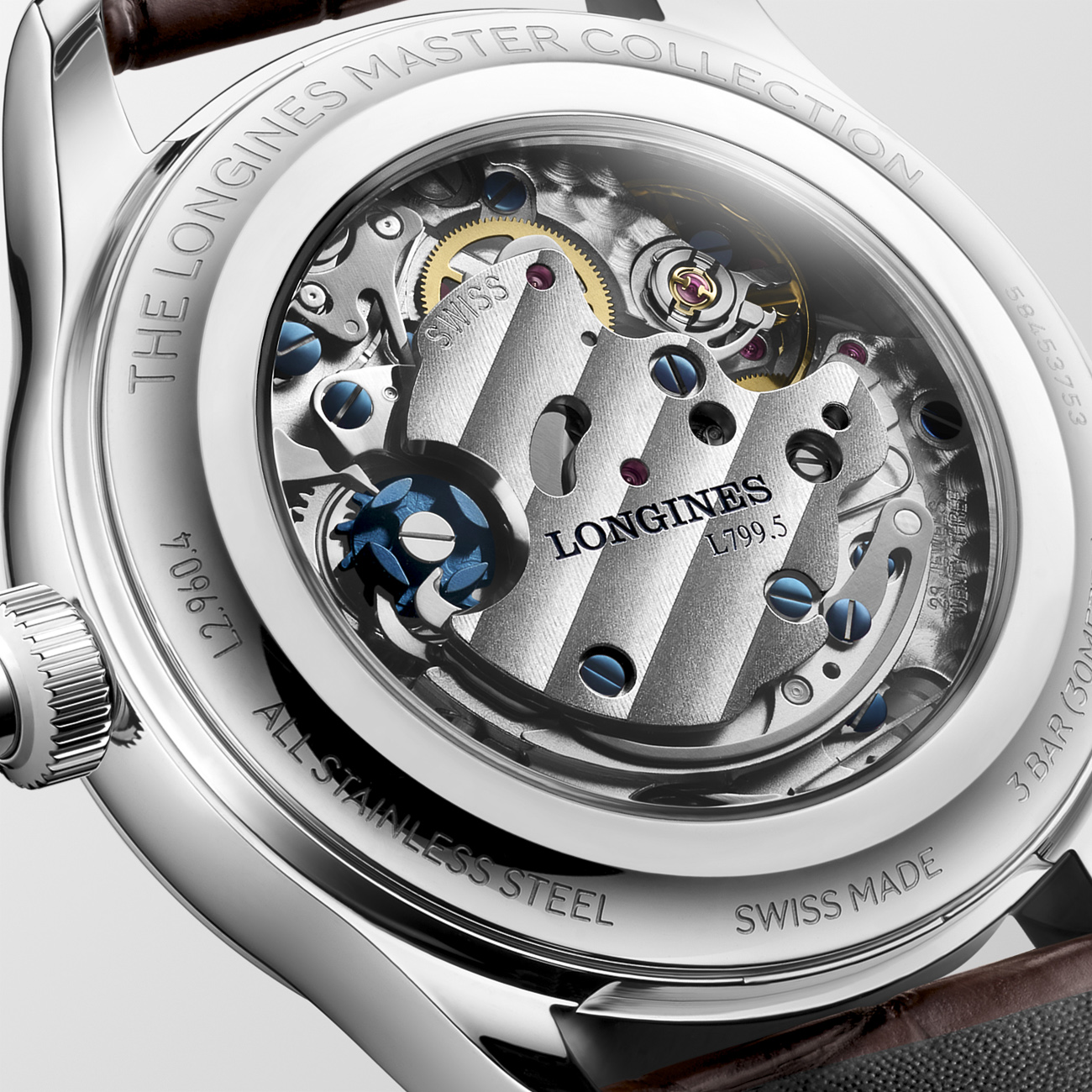 Longines Master Collection Chrono Monopusher L2.960.4.78.2 Longines Master Collection Chrono Monopusher L2.960.4.78.2 manual-winding chronograph with ivory barleycorn dial and brown alligator strap - back