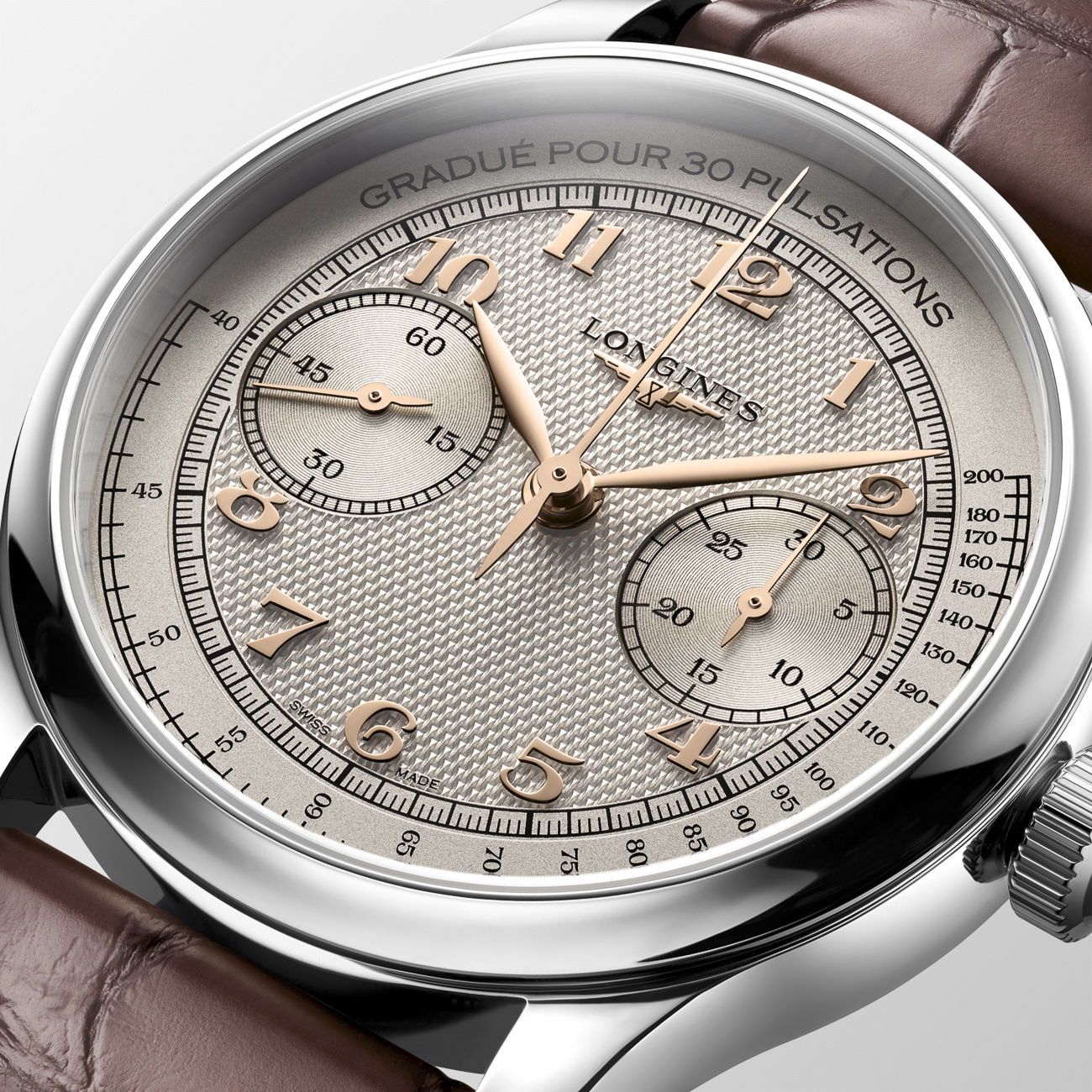 Longines Master Collection Chrono Monopusher L2.960.4.78.2 Longines Master Collection Chrono Monopusher L2.960.4.78.2 manual-winding chronograph with ivory barleycorn dial and brown alligator strap