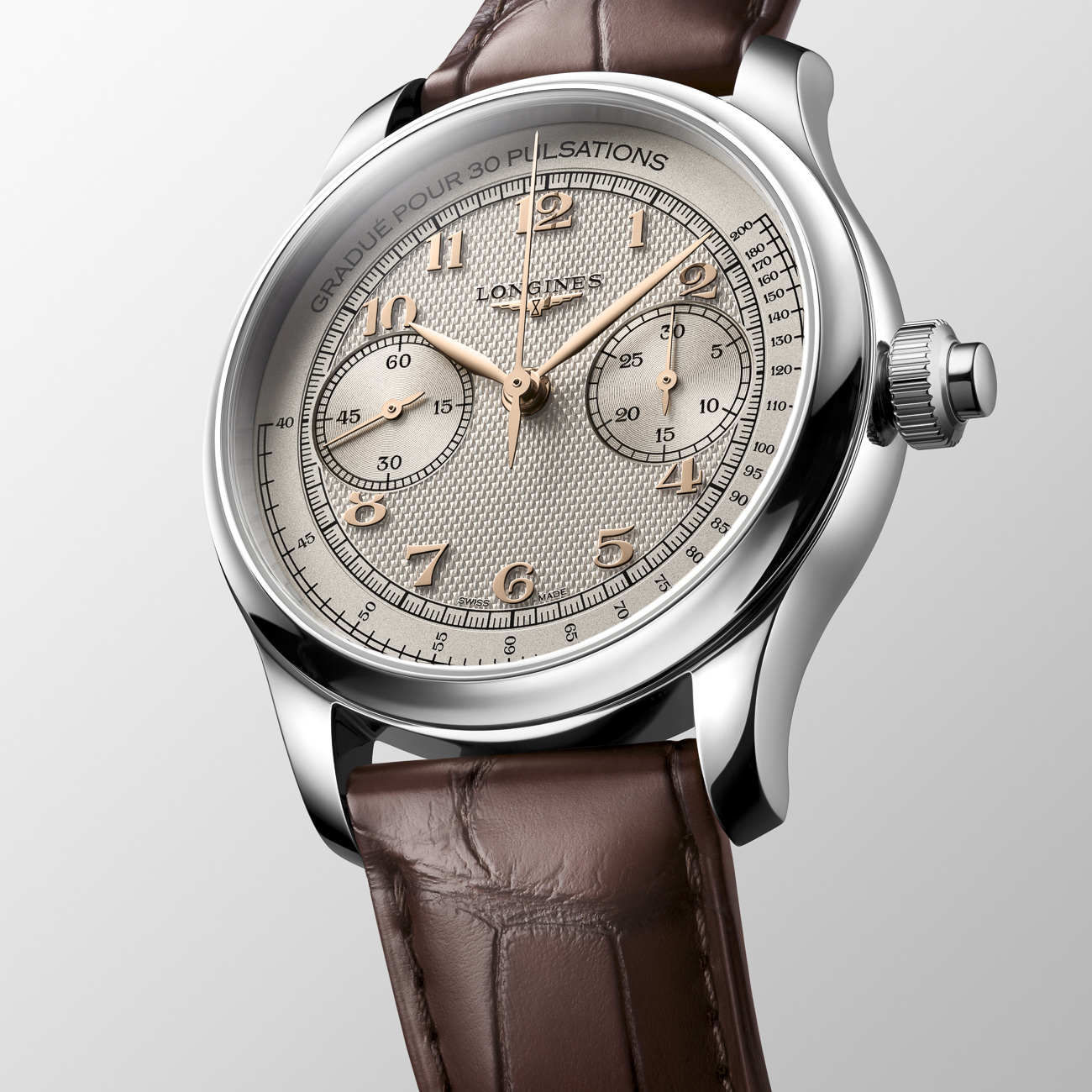 Longines Master Collection Chrono Monopusher L2.960.4.78.2 Longines Master Collection Chrono Monopusher L2.960.4.78.2 manual-winding chronograph with ivory barleycorn dial and brown alligator strap