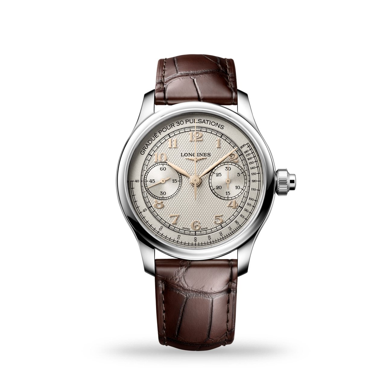 Longines Master Collection Chrono Monopusher L2.960.4.78.2 Longines Master Collection Chrono Monopusher L2.960.4.78.2 manual-winding chronograph with ivory barleycorn dial and brown alligator strap