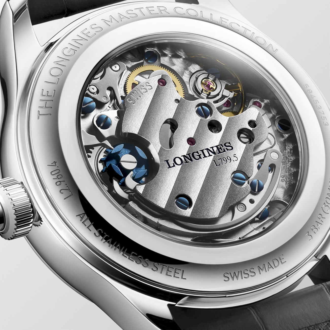 Longines Master Collection Chrono Monopusher L2.960.4.93.2 Longines Master Collection Chrono Monopusher L2.960.4.93.2 manual-winding chronograph with frosted blue barleycorn dial - back