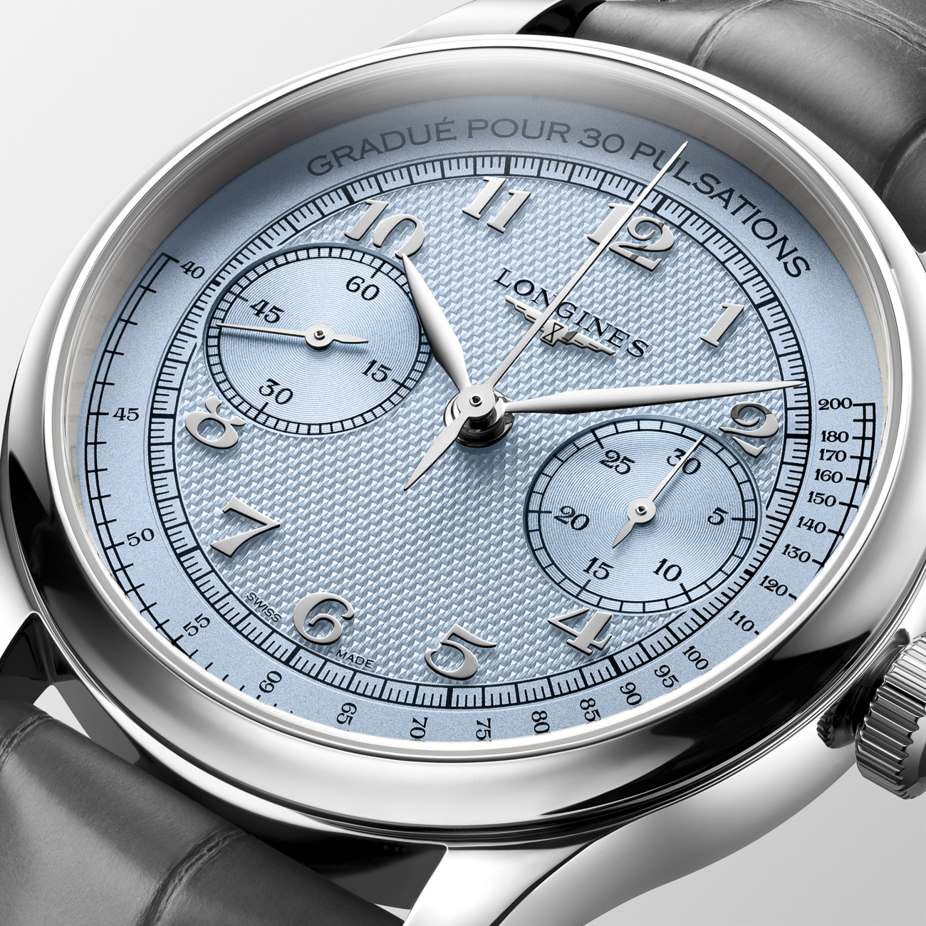 Longines Master Collection Chrono Monopusher L2.960.4.93.2 Longines Master Collection Chrono Monopusher L2.960.4.93.2 manual-winding chronograph with frosted blue barleycorn dial and anthracite alligator strap